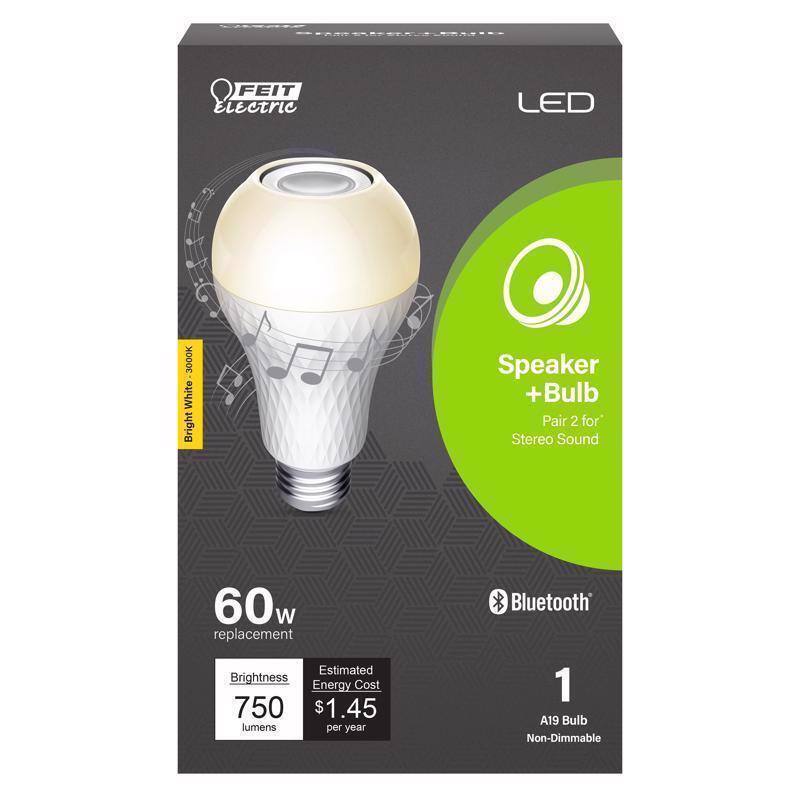 FEIT Electric LED 300K White Bright Speaker + Bulb Pair 2 for Stereo Sound 60W Replacement  
Estimated Brightness: 750 lumens  
Estimated Energy Cost: $1.45 per year  
Bluetooth  
A19 Bulb  
Non-Dimmable