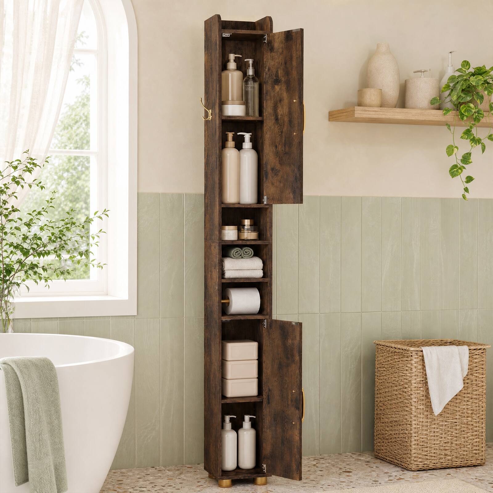 Alt View 4. Costway - Costway 1 PCS 69.5" Narrow Bathroom Cabinet with 2 Doors & Adjustable Shelves for Small Spaces - Rustic Brown.