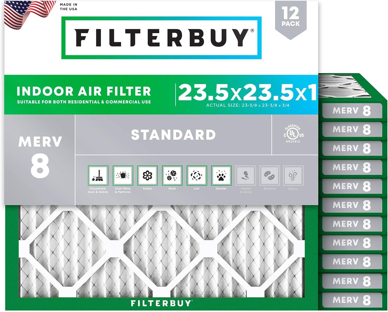 Filterbuy - 23.5x23.5x1 MERV 8 Dust & Allergy Defense, Electrostatic Pleated HVAC AC Furnace Air Filters Replacement (12-Pack) - Silver