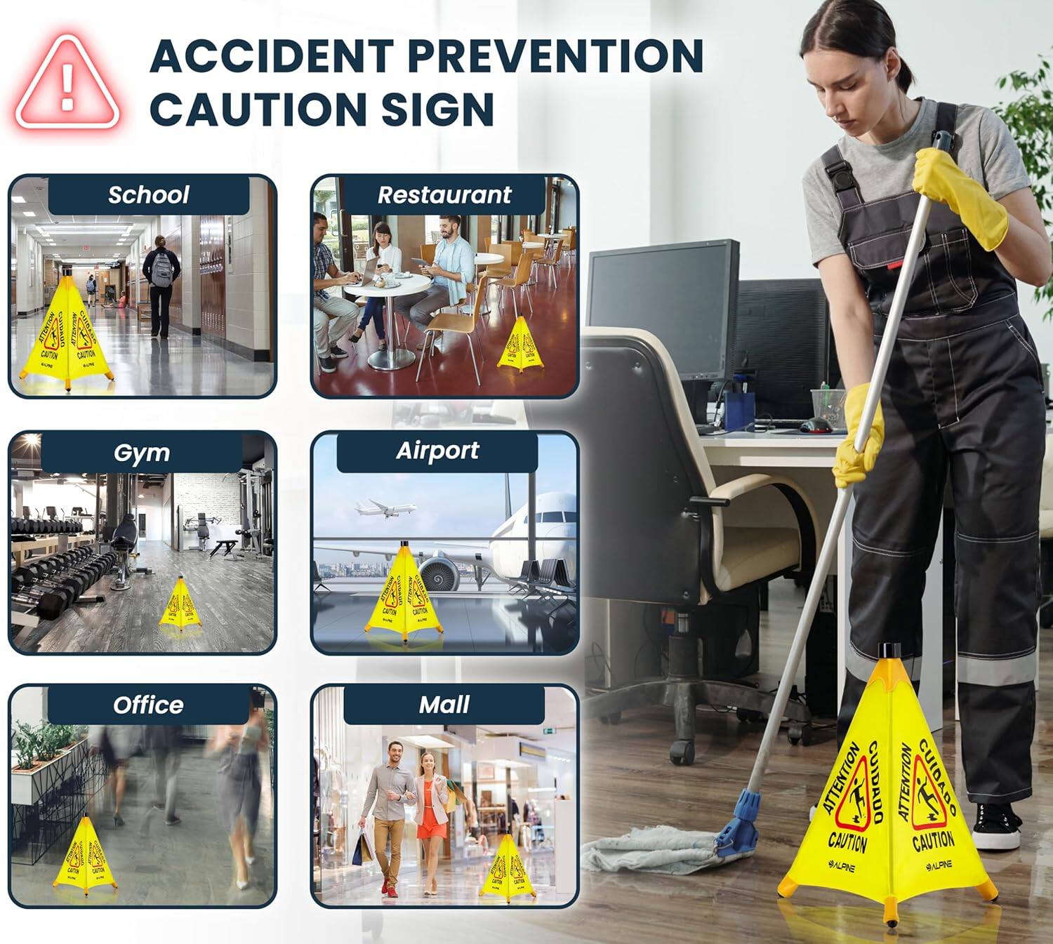 ACCIDENT PREVENTION CAUTION SIGN

School
Restaurant
Gym
Airport
Office
Mall

ATTENTION
CUIDADO
CAUTION
LPN
ATTENTION
CUIDADO
CAUTION
GALNG