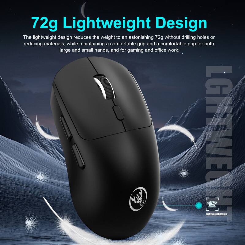 72g Lightweight Design

The lightweight design reduces the weight to an astonishing 72g without drilling holes or reducing materials, while maintaining a comfortable grip and a comfortable grip for both large and small hands, and for gaming and office work.