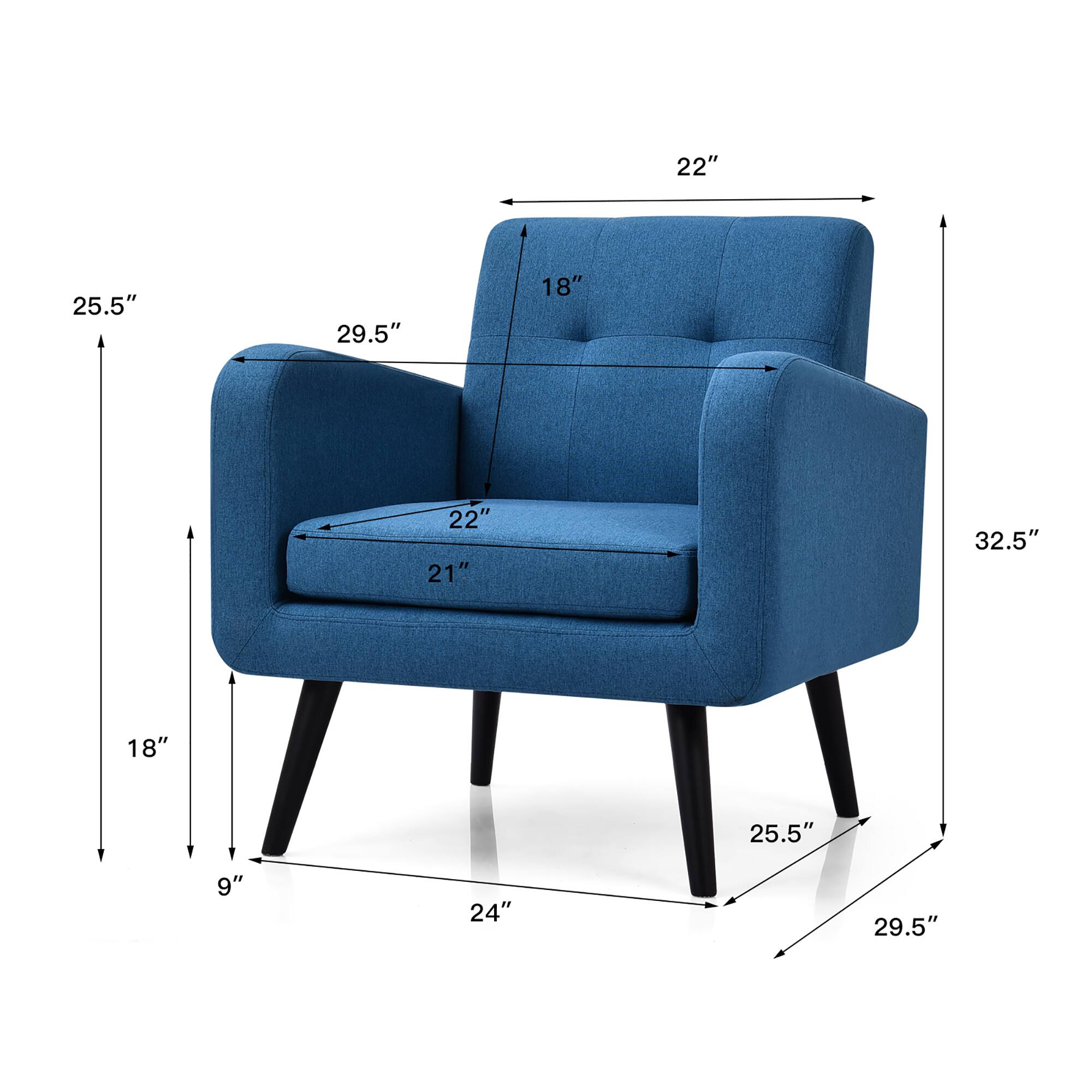 The text on the image reads: "22 25.5 29.5 18 22 21 32.5 18 25.5 9 24 29.5". This text represents the dimensions of a blue chair, with the measurements in inches. The chair is 22 inches wide, 25.5 inches deep, 29.5 inches tall, and has a seat height of 18 inches. The backrest is 22 inches wide, 21 inches tall, and the armrests are 32.5 inches wide.