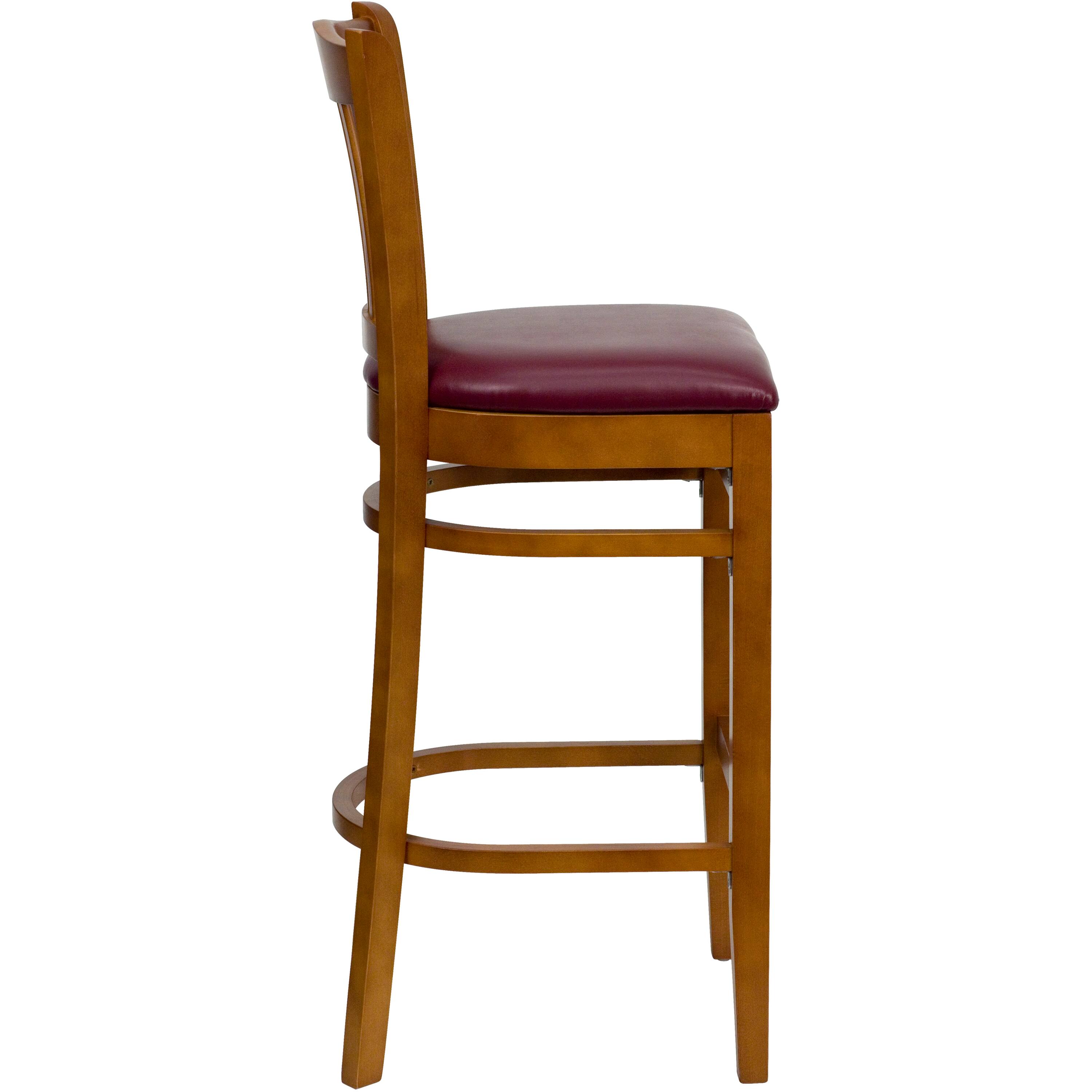 Alt View 4. Emma + Oliver - Vertical Slat Back Wooden Restaurant Dining Barstool - Burgundy Vinyl Seat/Cherry Wood Frame.