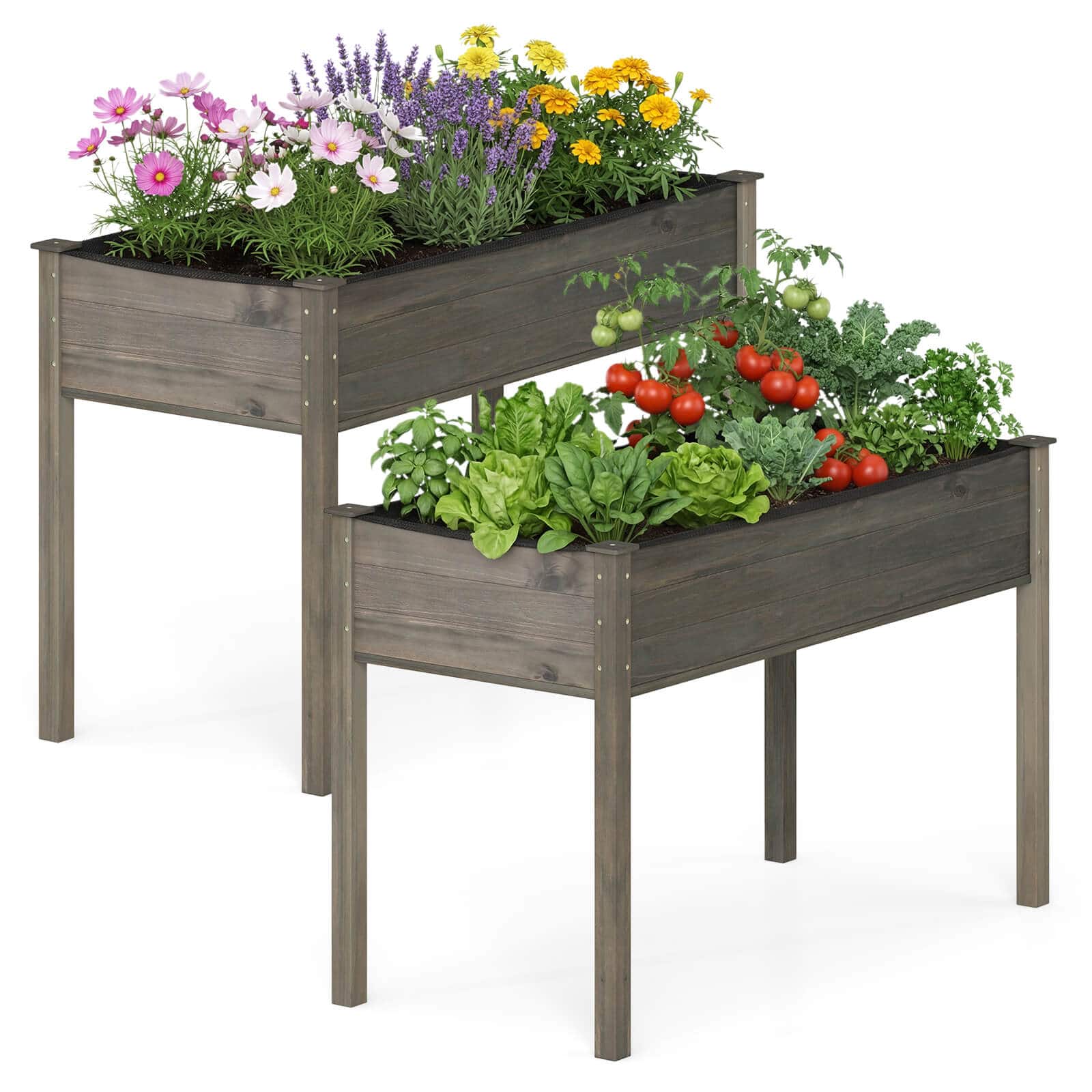 Costway - 2PCS Wooden Raised Garden Bed wirh Legs, Drainage Hols, Black Liner for Patio - Gray