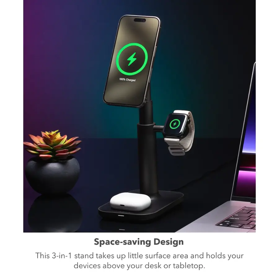 100% Charged - Space-saving Design - This 3-in-1 stand takes up little surface area and holds your devices above your desk or tabletop.