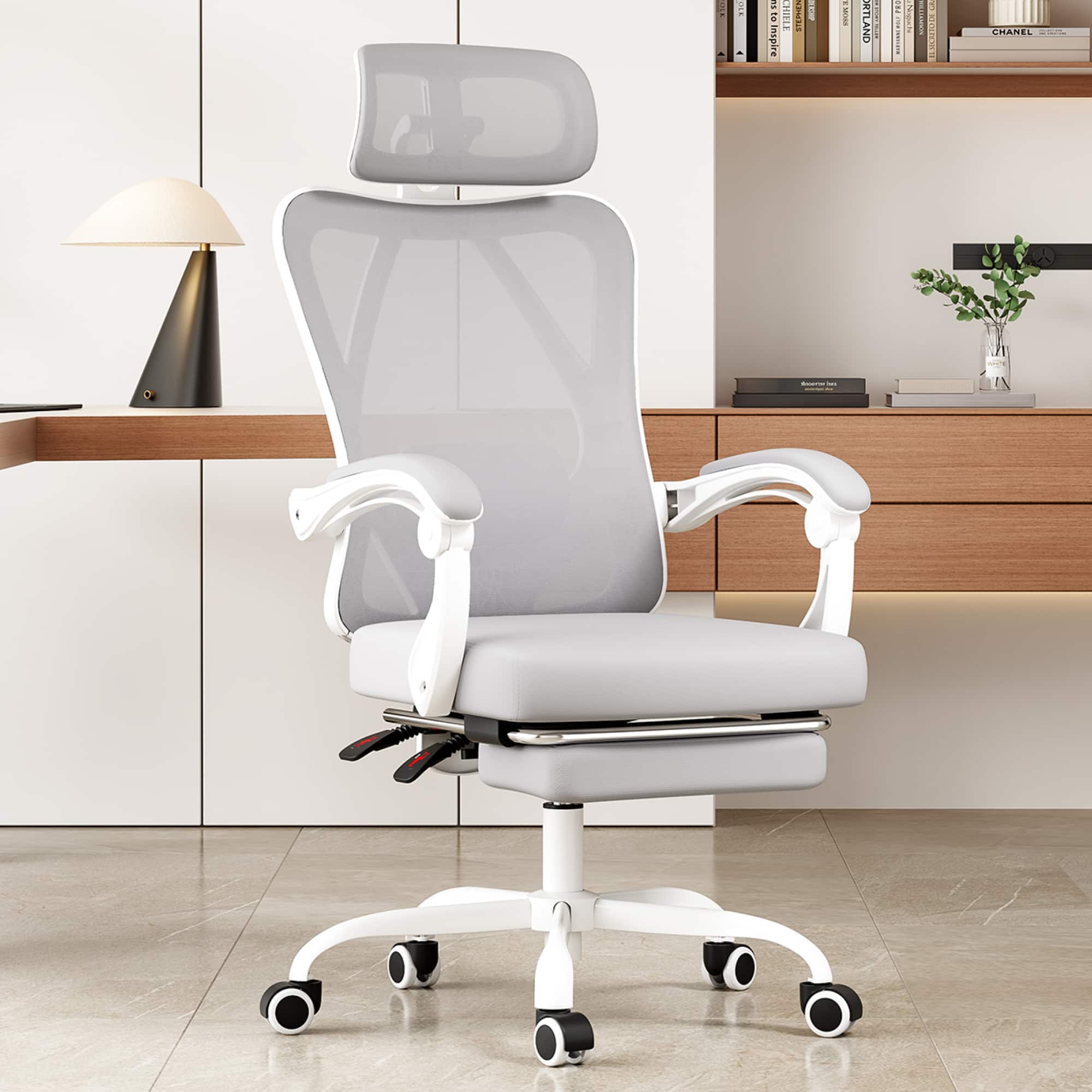 GOODSILO - Ergonomic High-Back Mesh Office Chair with Adjustable Lumbar Support and Retractable Footrest for Home and Office Use - Gray