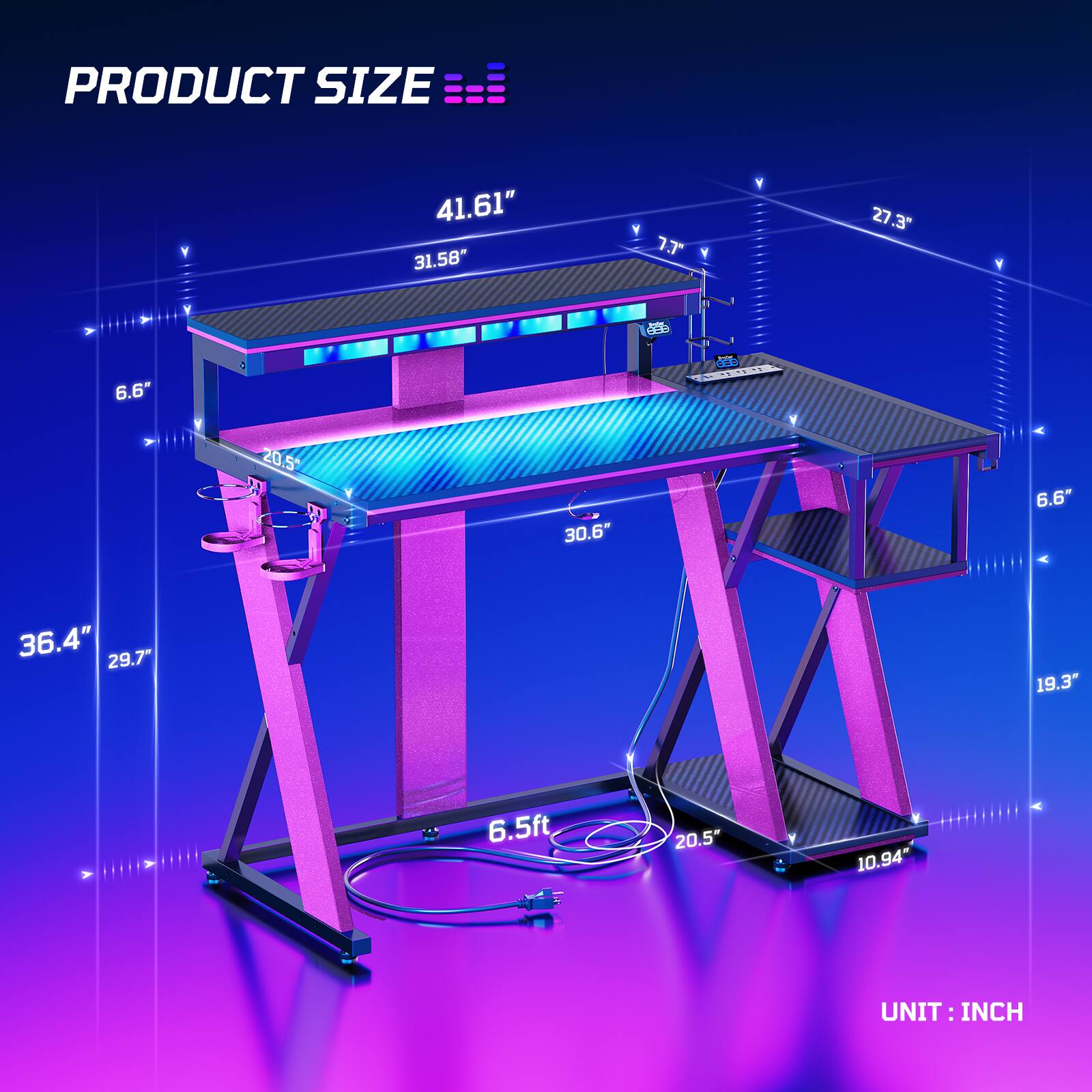PRODUCT SIZE: 41.61" x 31.58" x 7"

The image features a pink and black table with a blue background. The table is described as being 41.61 inches long, 31.58 inches wide, and 7 inches tall. The table is also described as having a 20.5-inch width, a 30.6-inch width, and a 6.6-inch height. Additionally, the table is referred to as being 6.6 feet tall. The text also mentions a unit of measurement, which is inches.