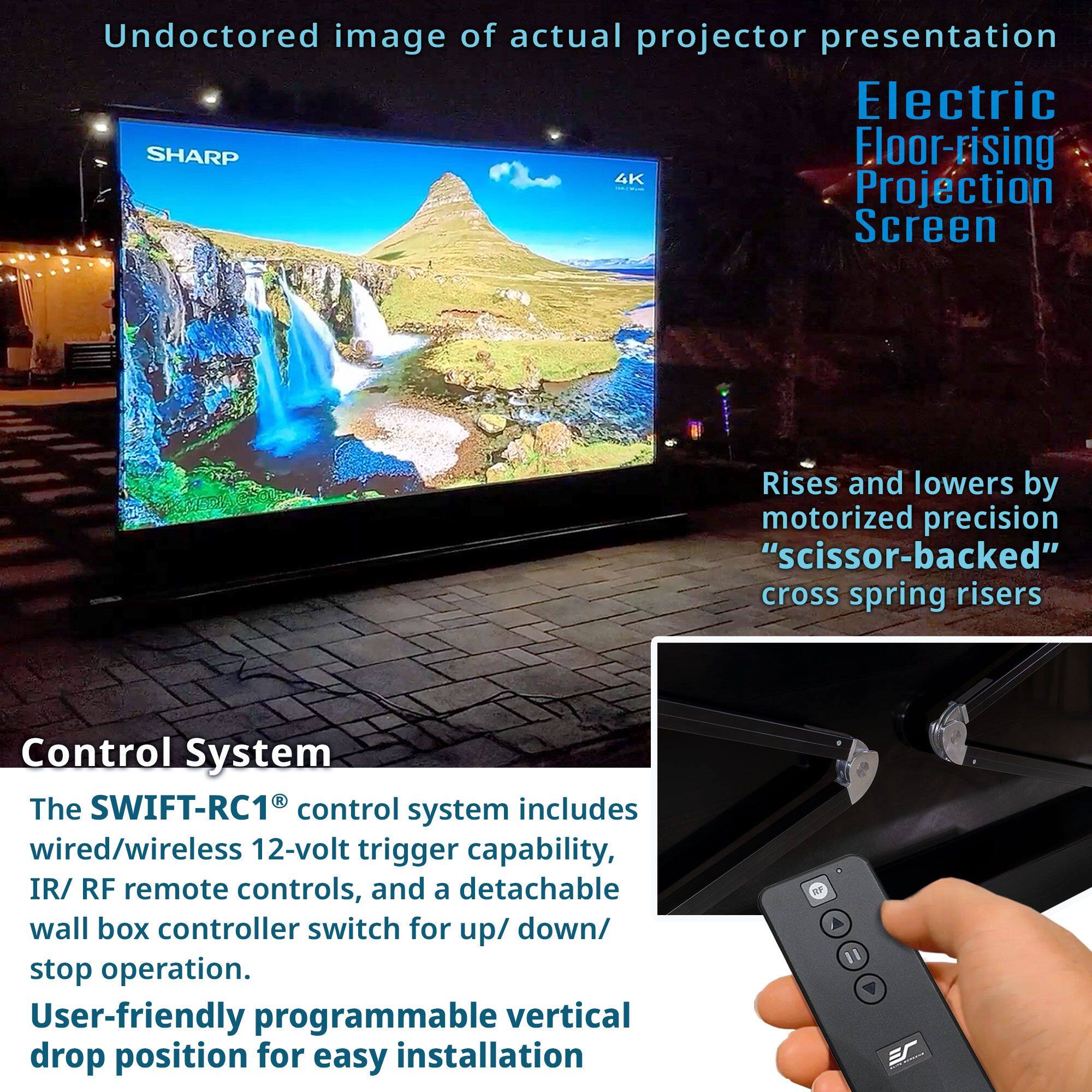 Undoctored image of actual projector presentation

Electric Floor-rising Projection Screen

Rises and lowers by motorized precision "scissor-backed" cross spring risers

Control System

The SWIFT-RC1® control system includes wired/wireless 12-volt trigger capability, IR/ RF remote controls, and a detachable wall box controller switch for up/ down/ stop operation.

User-friendly programmable vertical drop position for easy installation