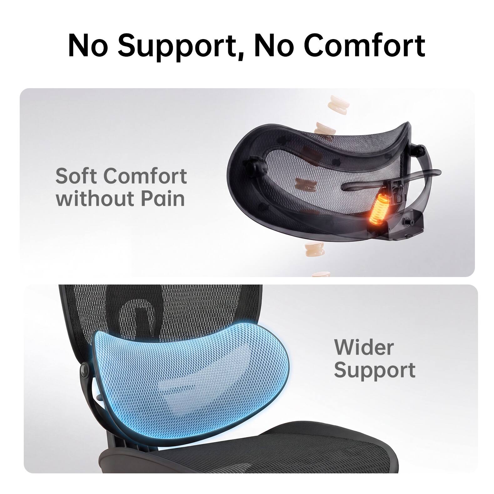 No Support, No Comfort  
Soft Comfort without Pain  
Wider Support