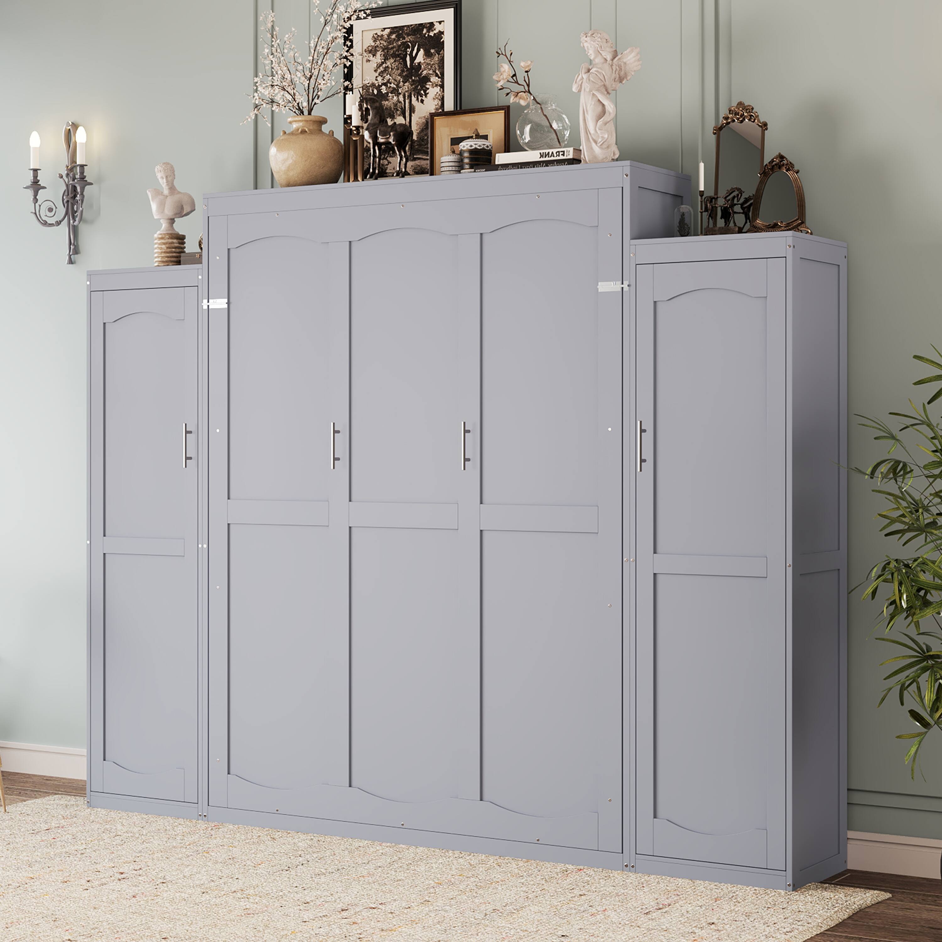 Left. Tiramisubest - Queen Size Murphy Bed with 2 Wardrobe and Storage Shelf, Multifunctional Foldable Platform Bedframe, Gray - Gray.