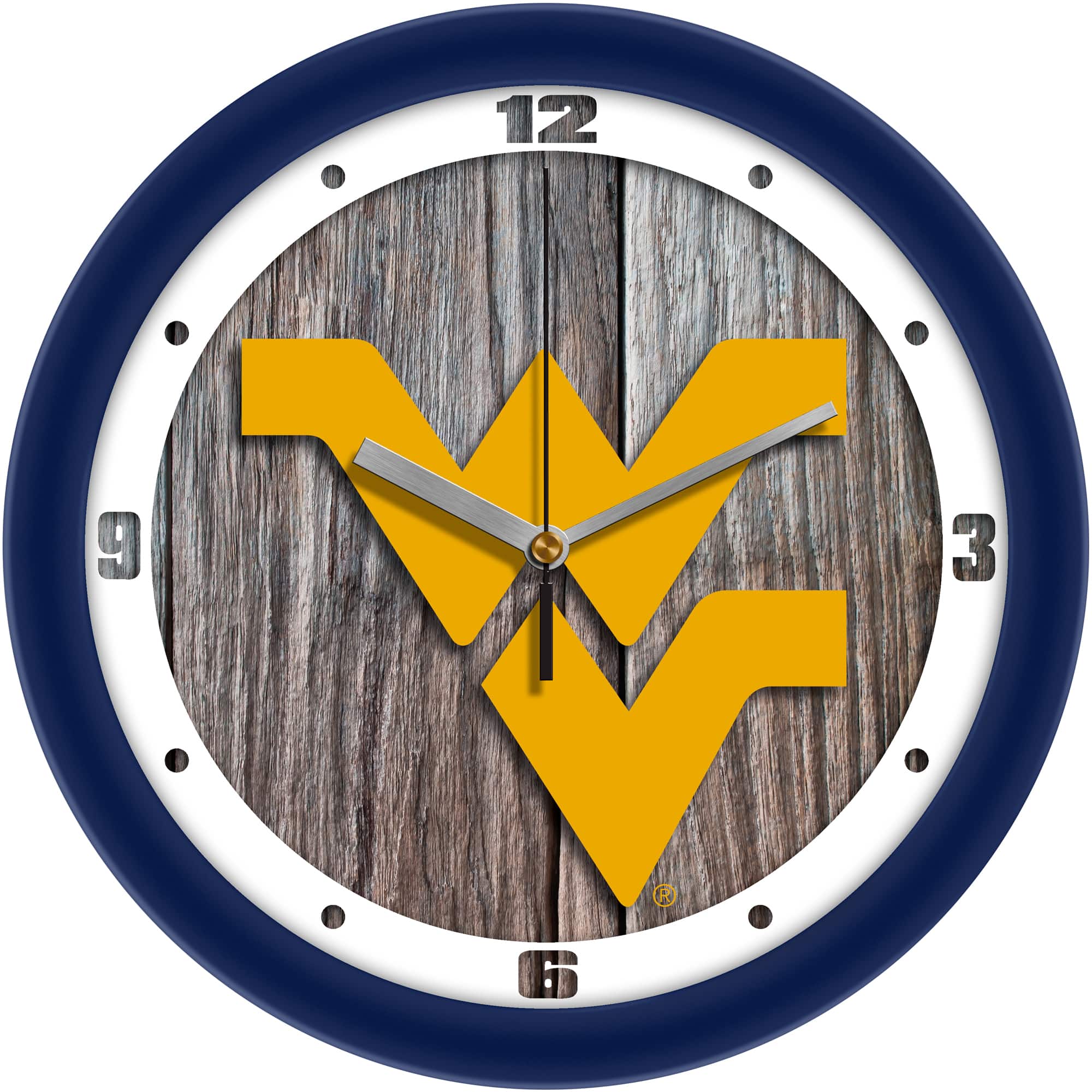 MpDirect - West Virginia Mountaineers 11.5'' Suntime Premium Glass Face Weathered Wood Wall Clock - Multicolor