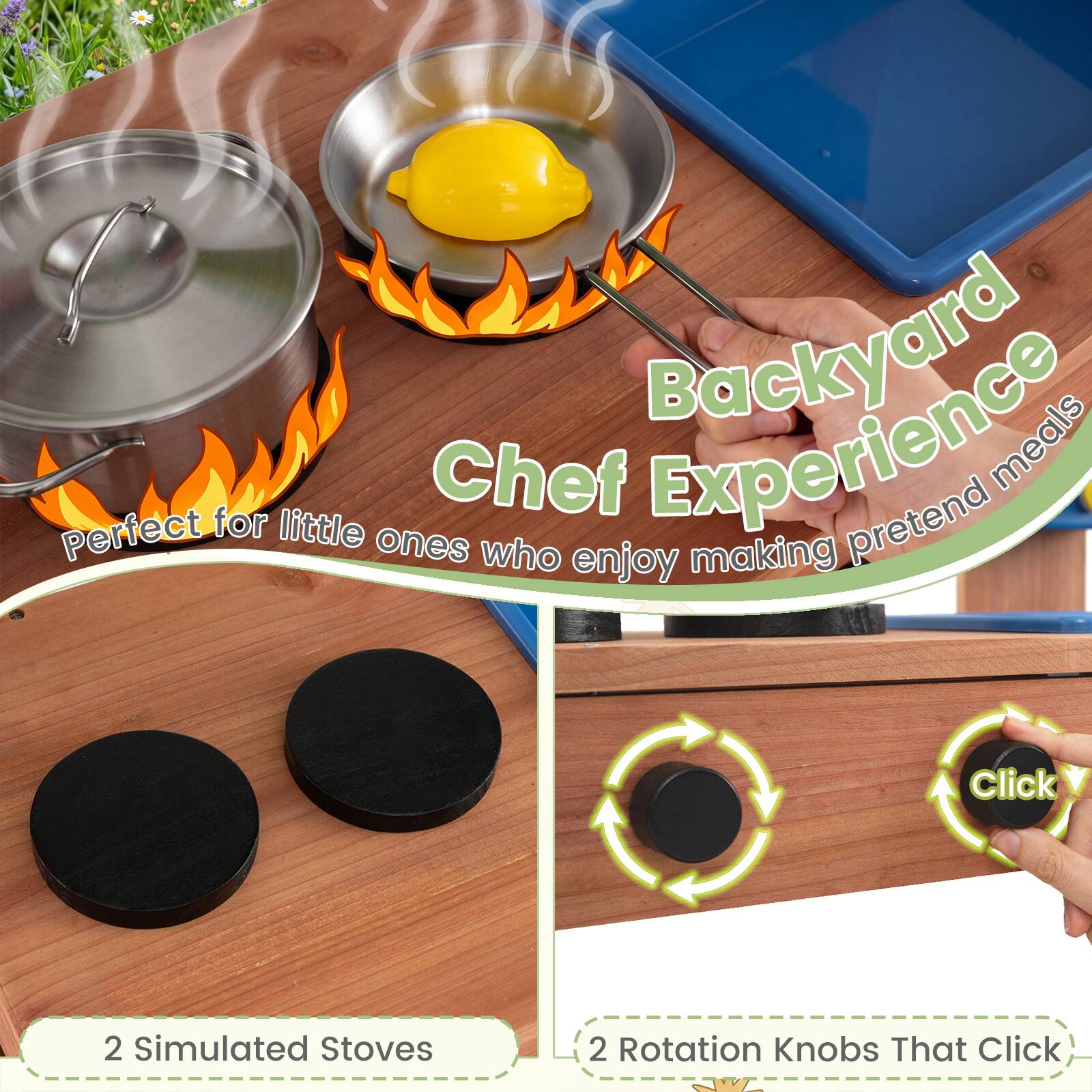 Chef Backyard meals Perfect for little ones who enjoy making pretend meals

2 Simulated Stoves

2 Rotation Knobs That Click