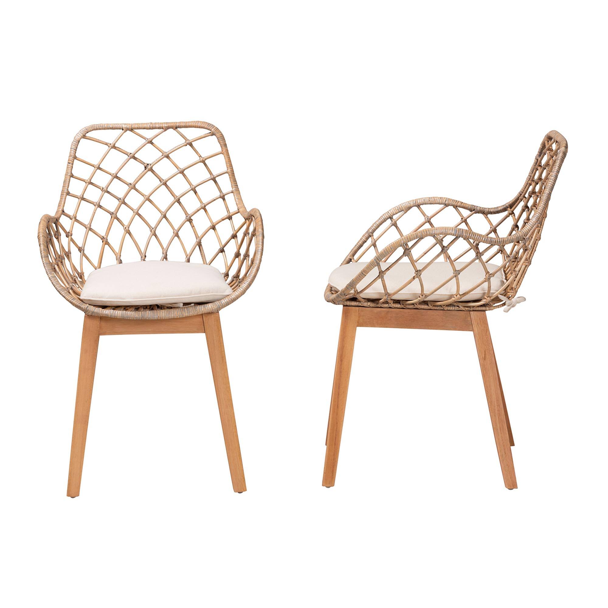 Left. bali & pari - Ballerina Modern Bohemian Rattan and Finished Wood 2-Piece Dining Chair Set - Greywash/Natural Brown/White.