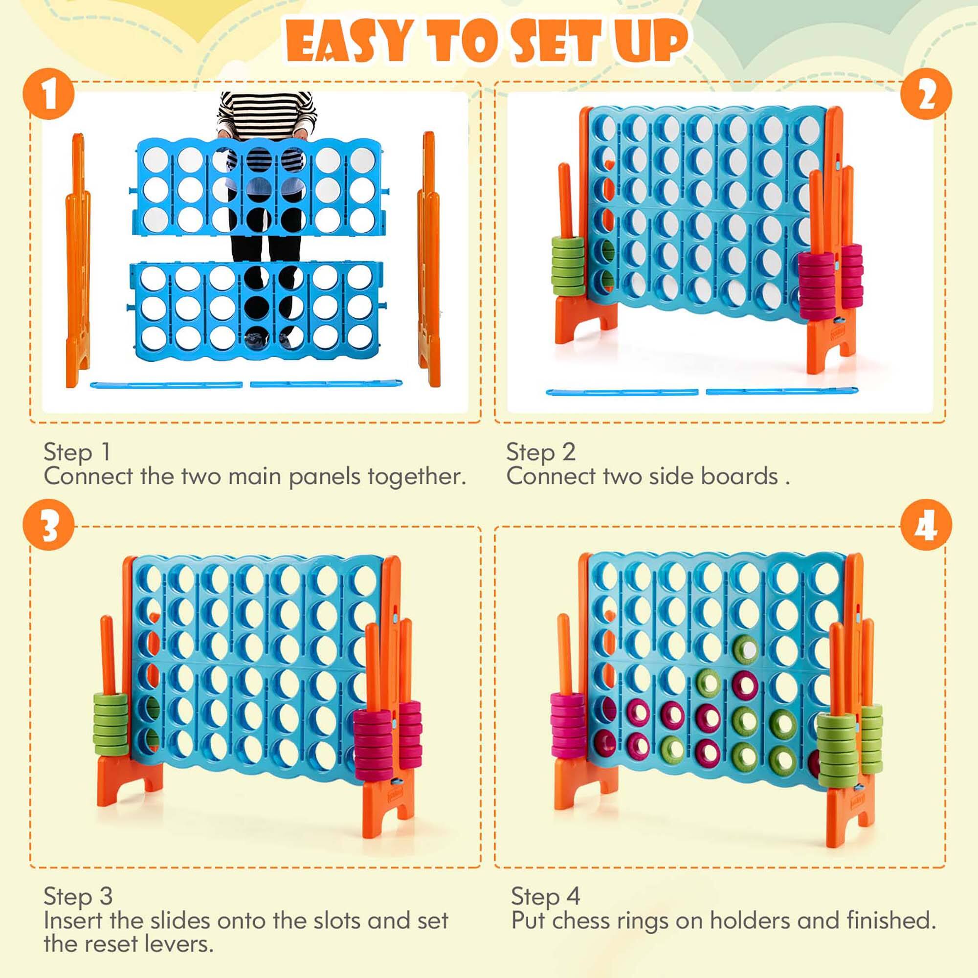 1. EASY TO SET UP

2. Step 1
   Connect the two main panels together.

3. Step 2
   Connect two side boards.

4. Step 3
   Insert the slides onto the slots and set the reset levers.

5. Step 4
   Put chess rings on holders and finished.