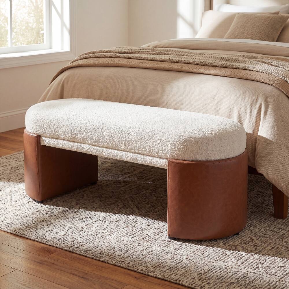 Angle. Ropilly - Ropilly Modern Beige Boucle Dining Bench with Brown PU Legs, Upholstered Entryway Accent Seating - Beige.