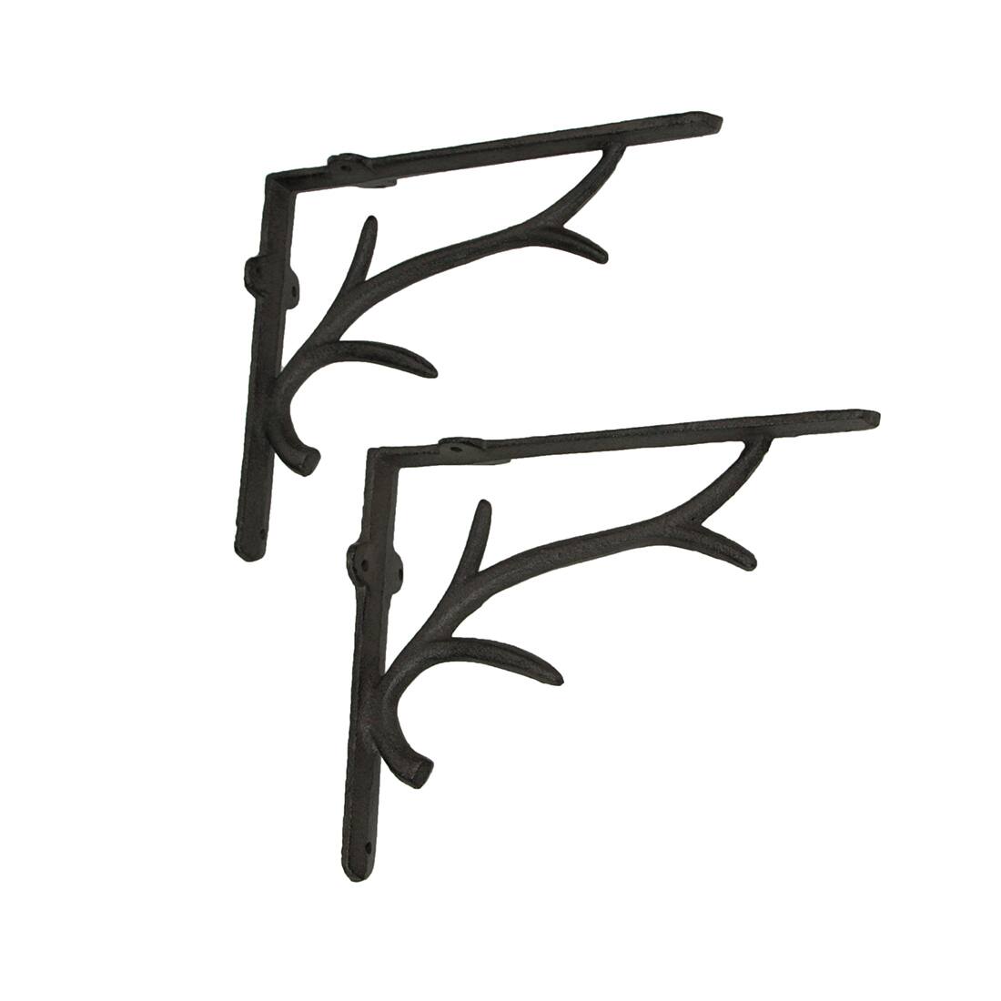 Front. Zeckos - Brown Cast Iron Deer Antler Wall Shelf Brackets Set of 2 - Brown.