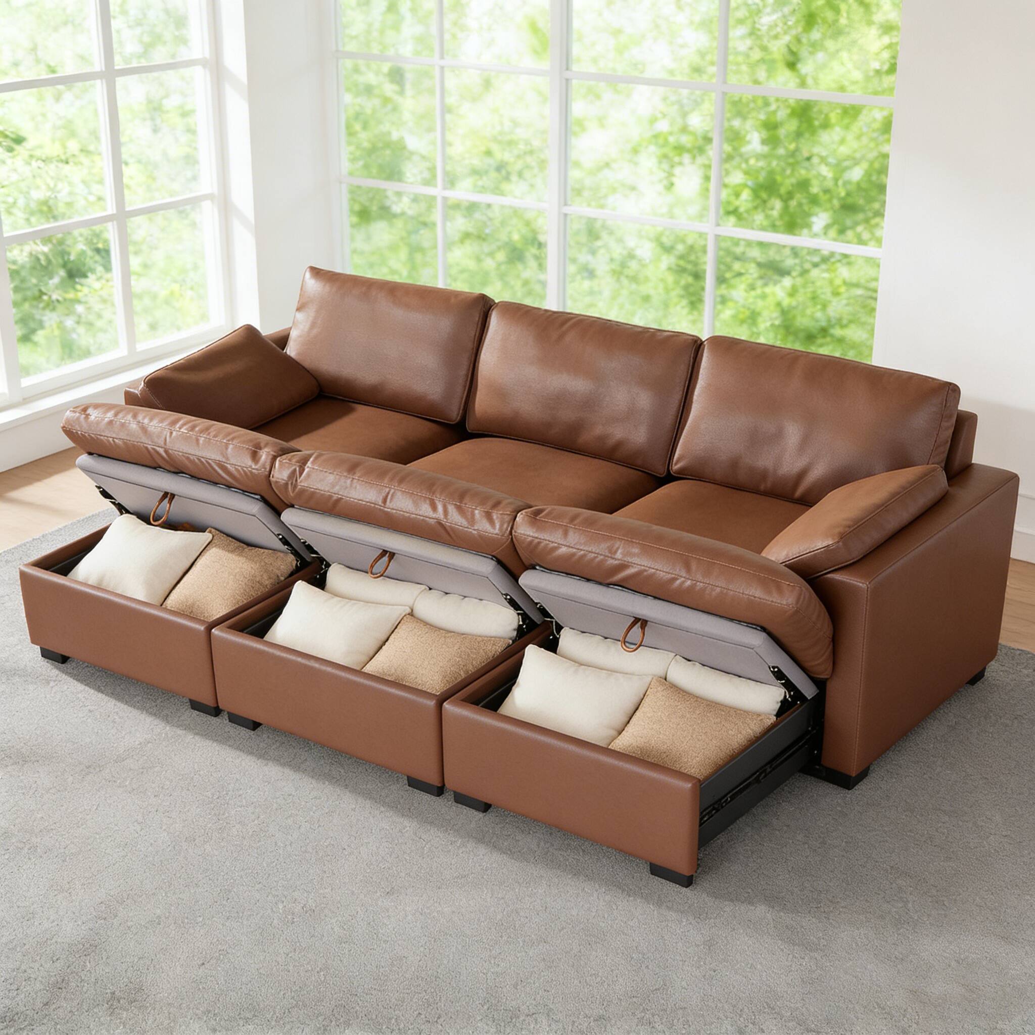 Left. Dyonery - Dyonery 120" Modular Sectional Sofa, 6 Seat Sleeper Bed with Storage Ottoman , Solid Wood Frame, Faux Leather Brown - Brown Faux Leather.