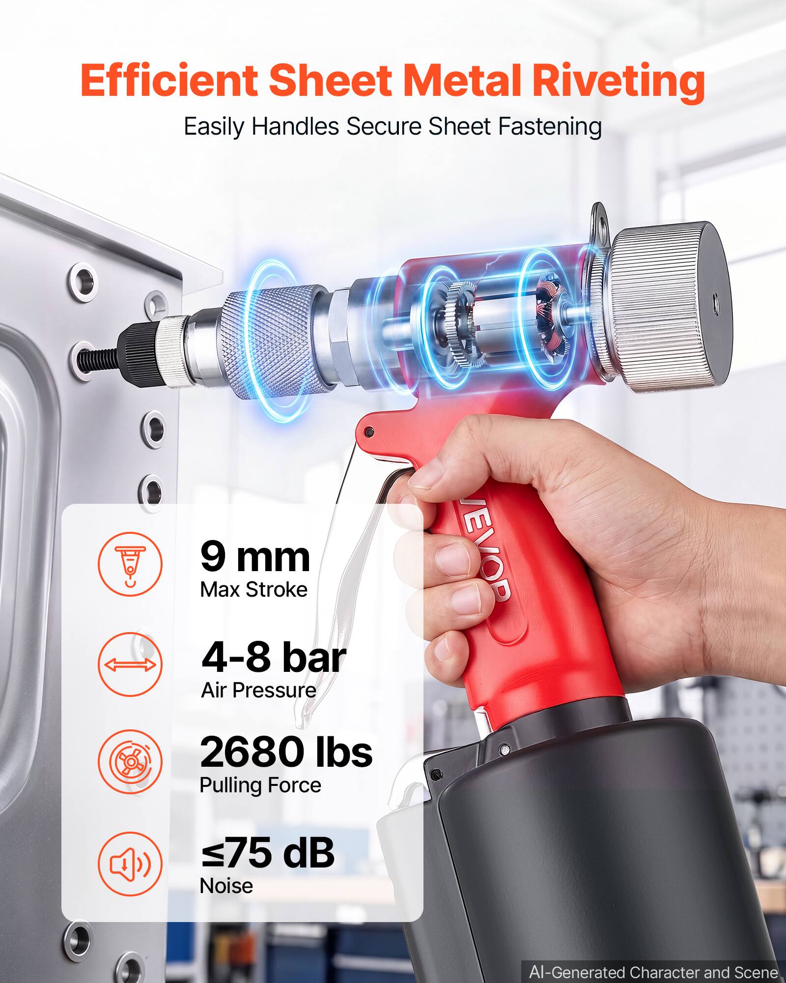 Efficient Sheet Metal Riveting  
Easily Handles Secure Sheet Fastening

9 mm Max Stroke  
4-8 bar Air Pressure  
2680 lbs Pulling Force  
≤75 dB Noise  

VEVOR  

AI-Generated Character and Scene