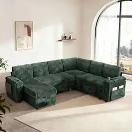 Dyonery - 110-inch 7-seater sofa with a pull-out bed, storage space, corduroy Green - Green