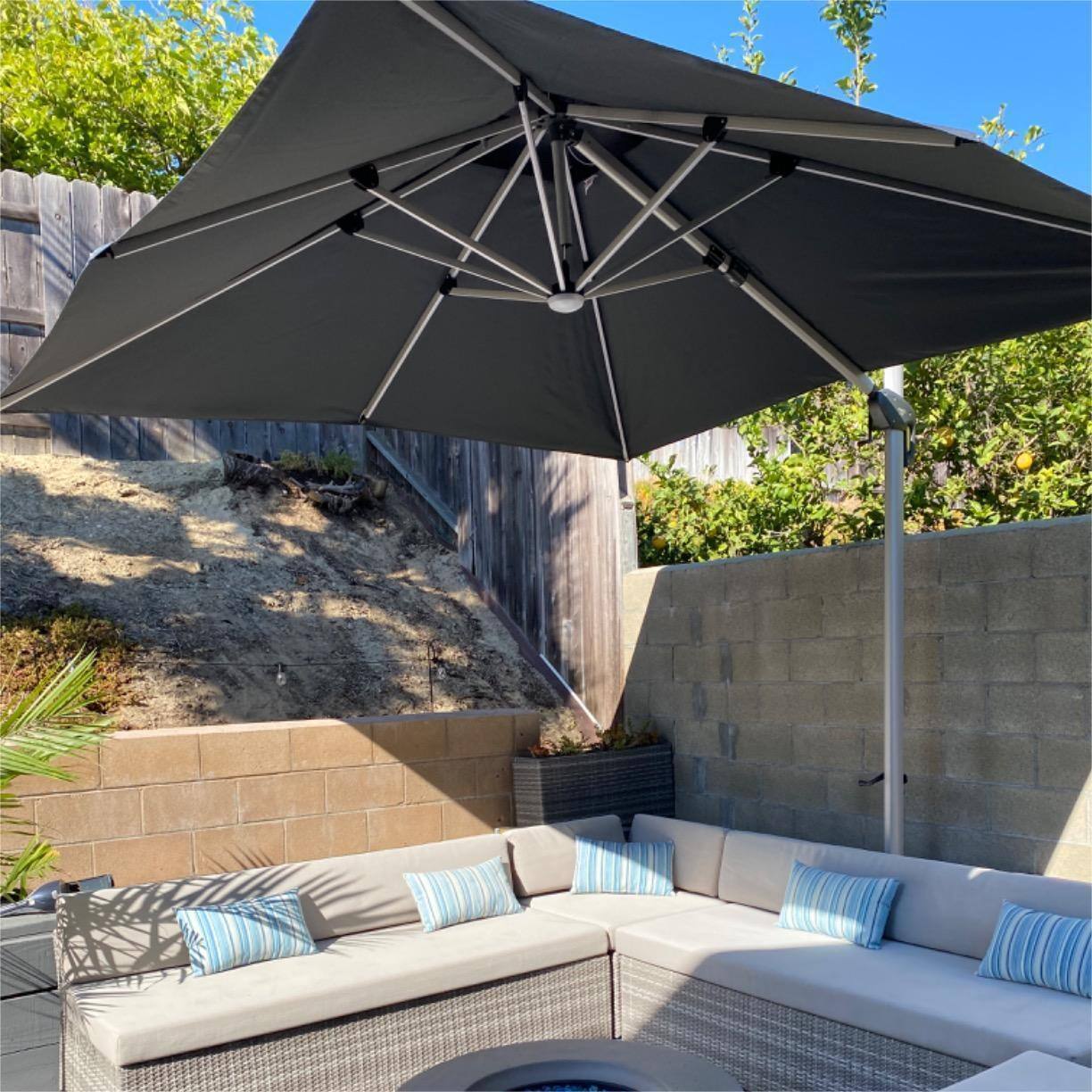 Angle. PURPLE LEAF - 9' X 12' Patio Rectangle Aluminum Solar Powered LED Cantilever Outdoor Offset Umbrella with Base for Garden Deck Pool - Gray.