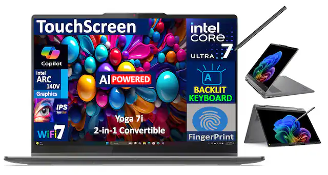 TouchScreen
Copilot
Intel CORE ULTRA 7
Intel ARC 140V Graphics
IPS Super Clear
WiFi 7
AI POWERED
Yoga 7i 2-in-1 Convertible
BACKLIT KEYBOARD
FingerPrint