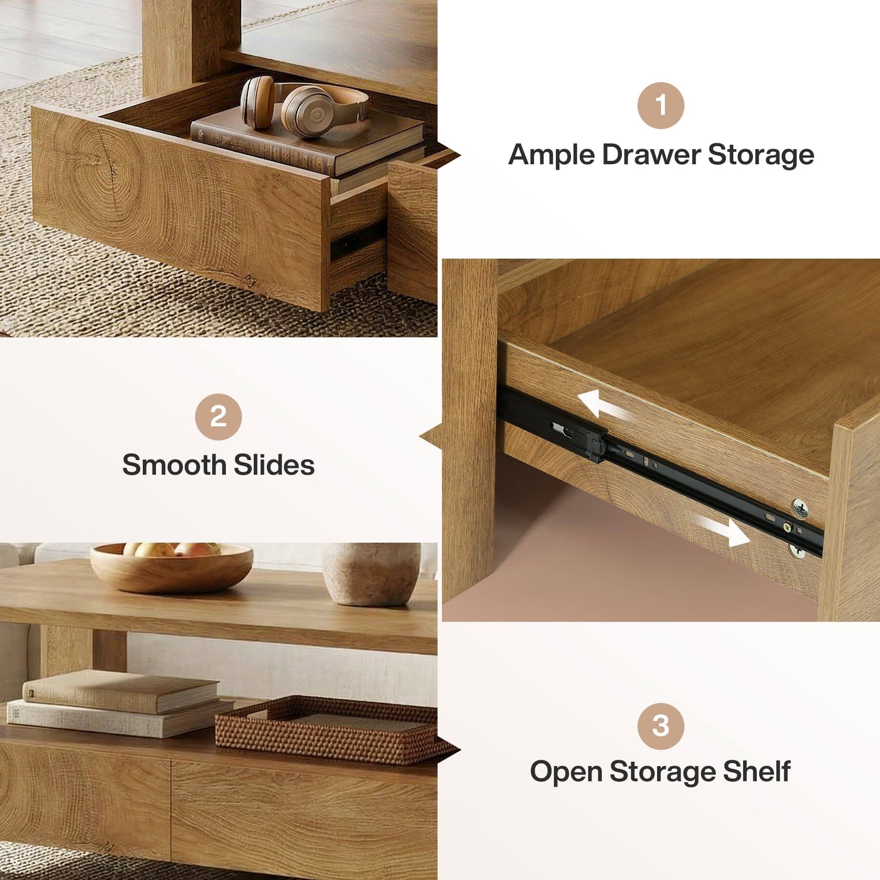 1. Ample Drawer Storage
2. Smooth Slides
3. Open Storage Shelf