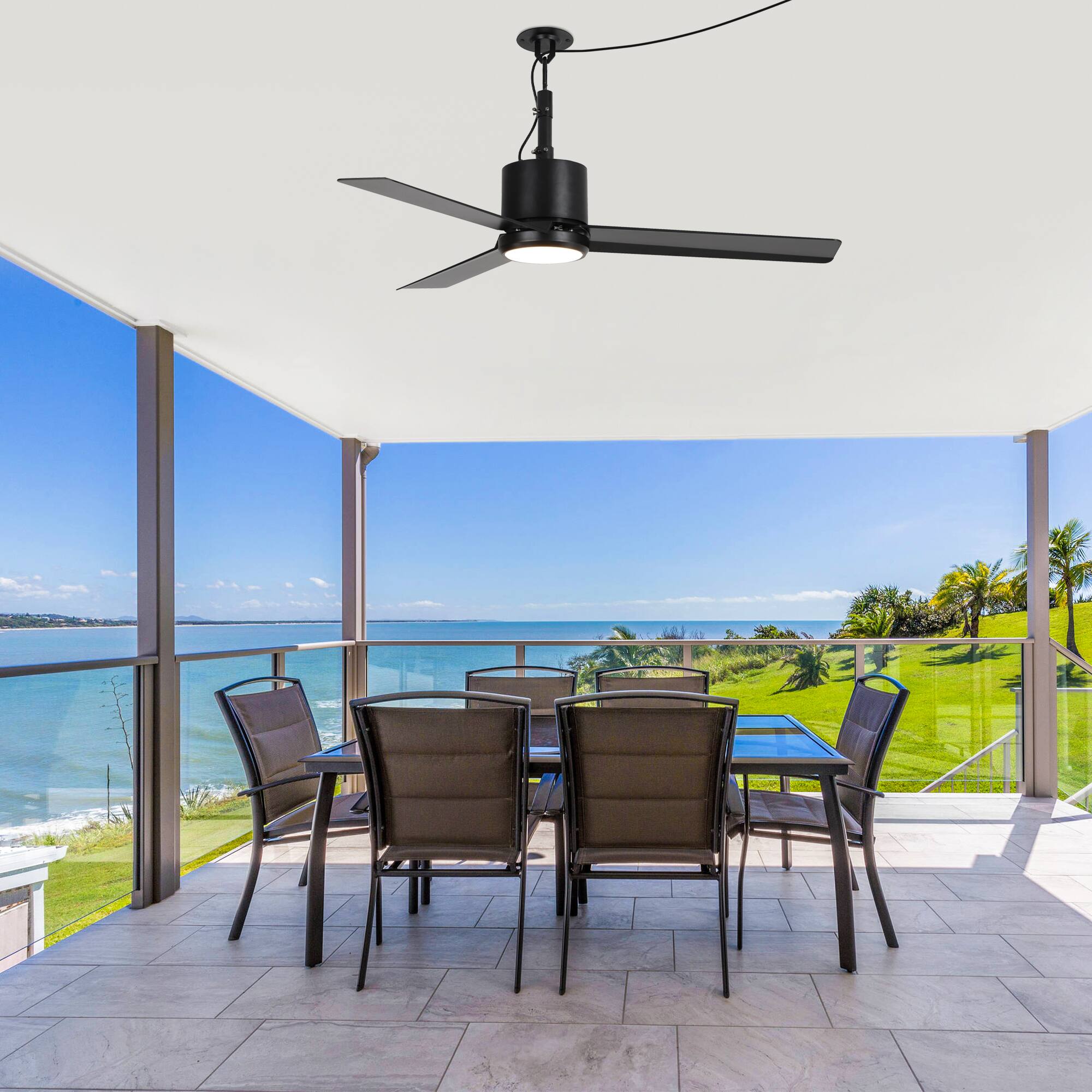 Left. Parrot Uncle - 42" Modern Black Waterproof Wet Outdoor Gazebo Hook Ceiling Fan with Light and Plug in - Black.
