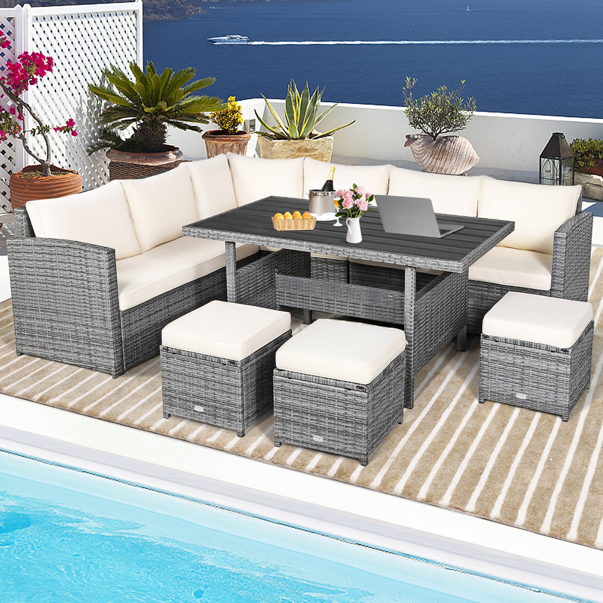 Alt View 3. Gymax - Gymax 7PCS Rattan Patio Sectional Sofa Set Conversation Set w/ White Cushions - White.