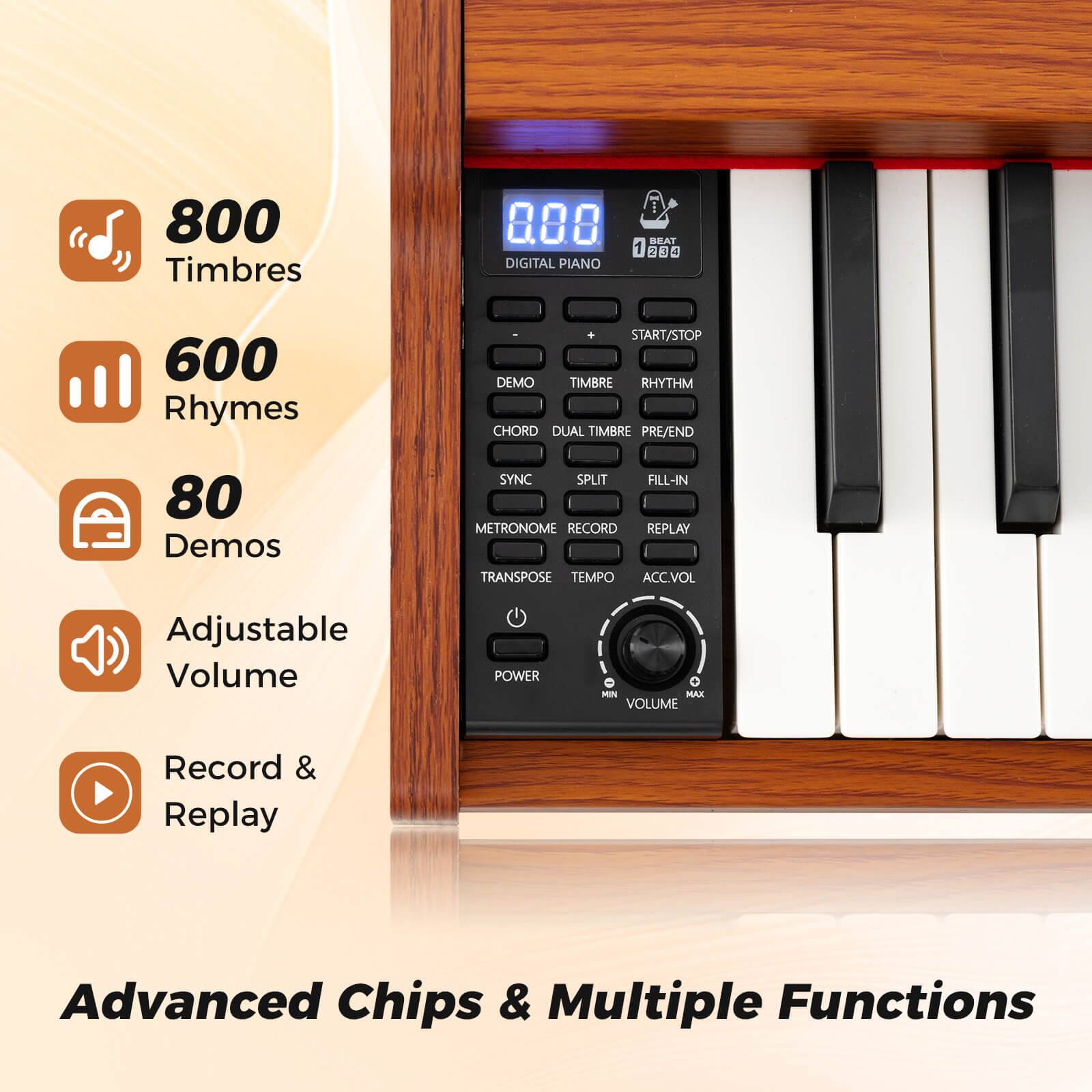 800 Timbres  
600 Rhymes  
80 Demos  
Adjustable Volume  
Record & Replay  

Advanced Chips & Multiple Functions  

DIGITAL PIANO  
000  
1 2 3 4 5 6 7 8 9 0  
START/STOP  
TIMBRE  
RHYTHM  
DUAL TIMBRE  
PRE/END  
SPLIT  
FILL-IN  
METRONOME  
RECORD  
REPLAY  
TRANSPOSE  
TEMPO  
ACC.VOL  
MIN  
VOLUME  
MAX