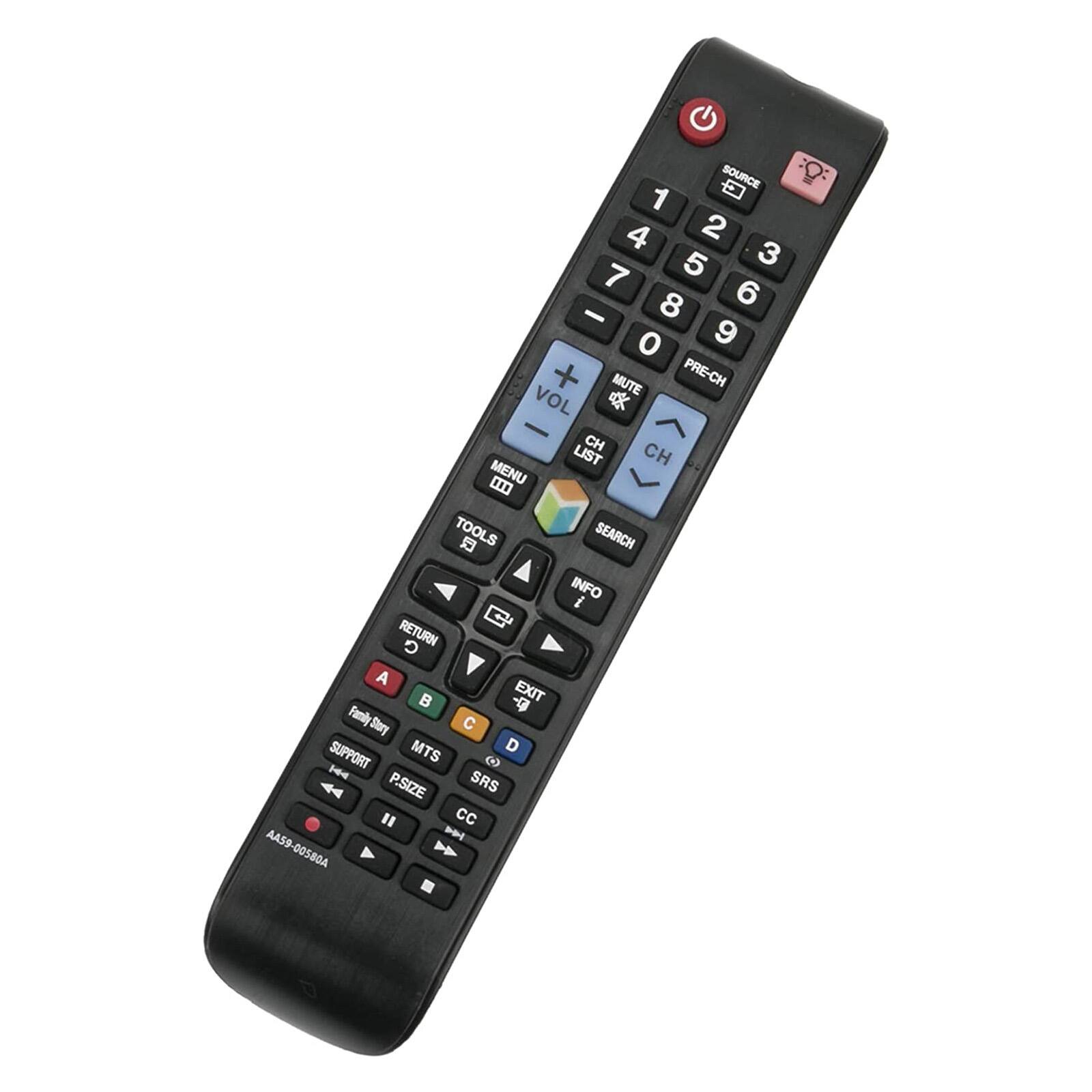 SOURCE 1 2 3 4 5 6 7 8 9 PRE-CH MUTE VOL CH LIST CH MENU TOOLS SEARCH INFO RETURN EXIT A B C D FamlyStory MTS SUPPORT P.SIZE SRS CC AA59-00580A