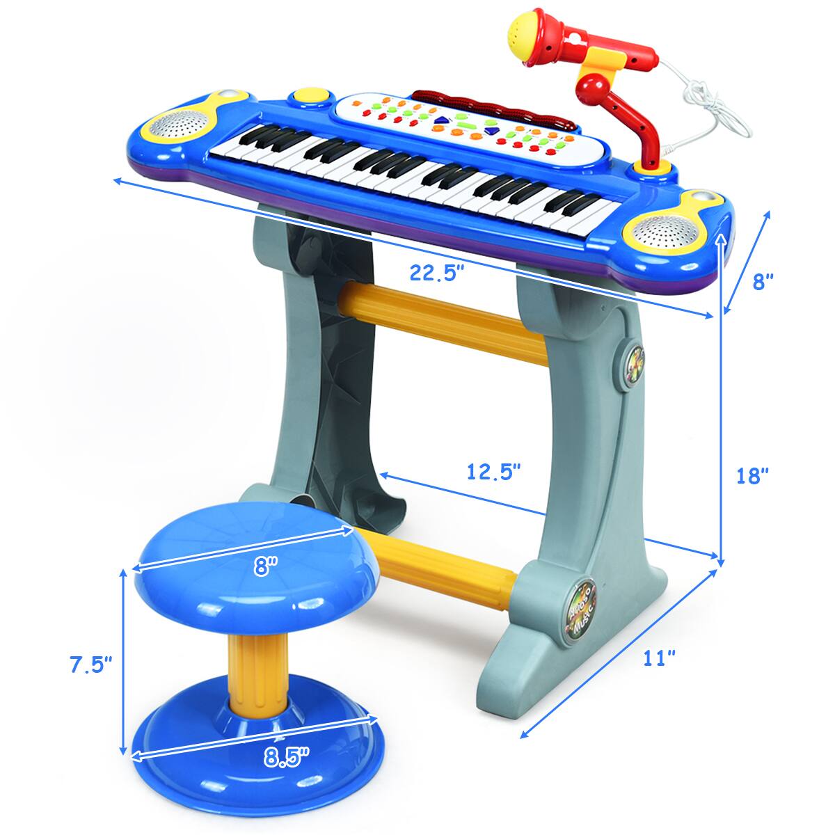 The text on the image reads: "22.5" 8" 12.5" 18" 7.5" 8" 11" 8.5"". This text is describing the dimensions of a toy piano and stool. The toy piano measures 22.5 inches in length, 8 inches in width, and 12.5 inches in height. The stool measures 18 inches in height, 7.5 inches in width, and 8 inches in depth.
