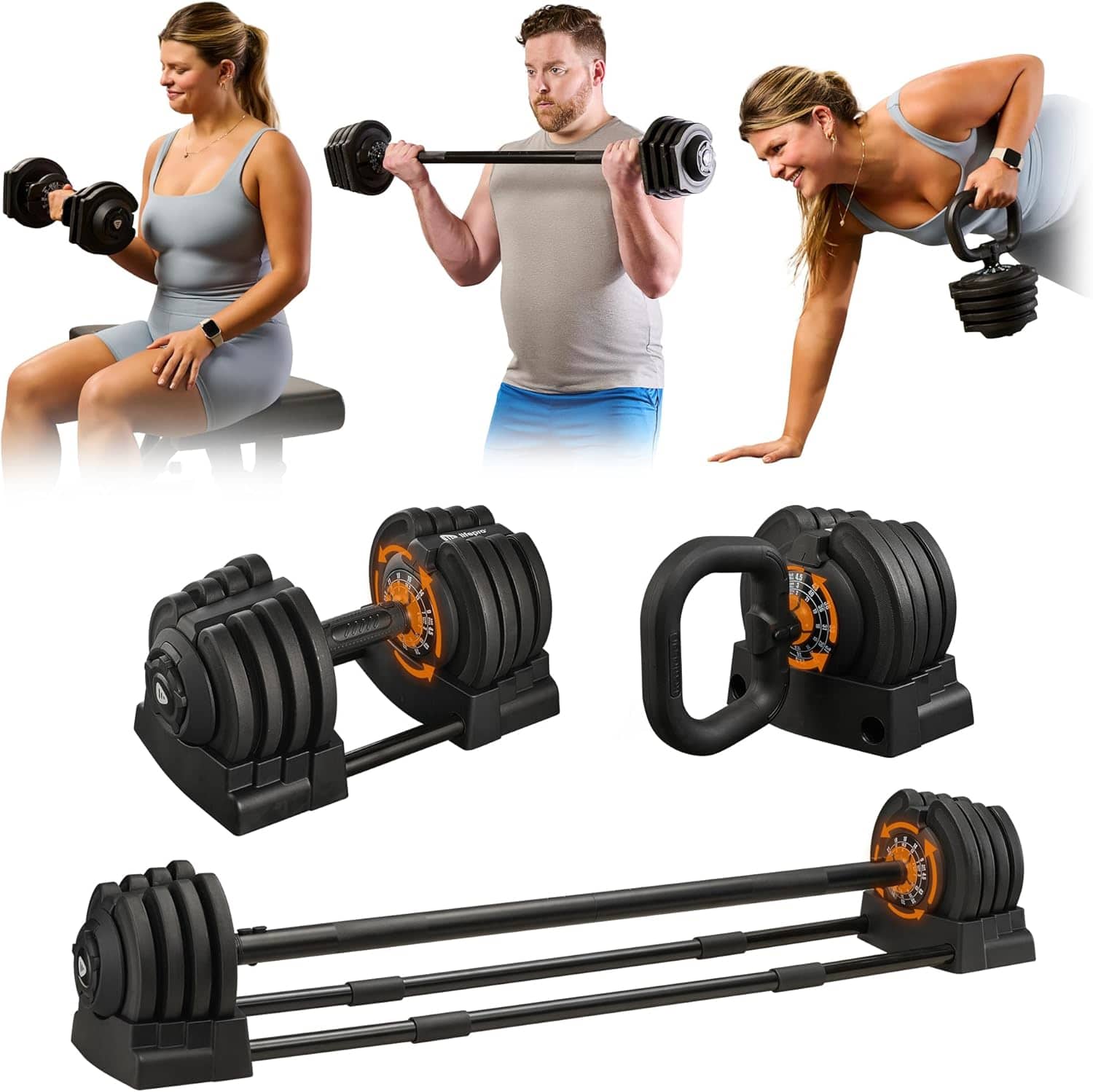 LifePro - Adjustable Dumbbell Set - 43lb Weights Dumbbells Set for Home Gym Storage, Exercise & Fitness - 3-in-1 Design - Black