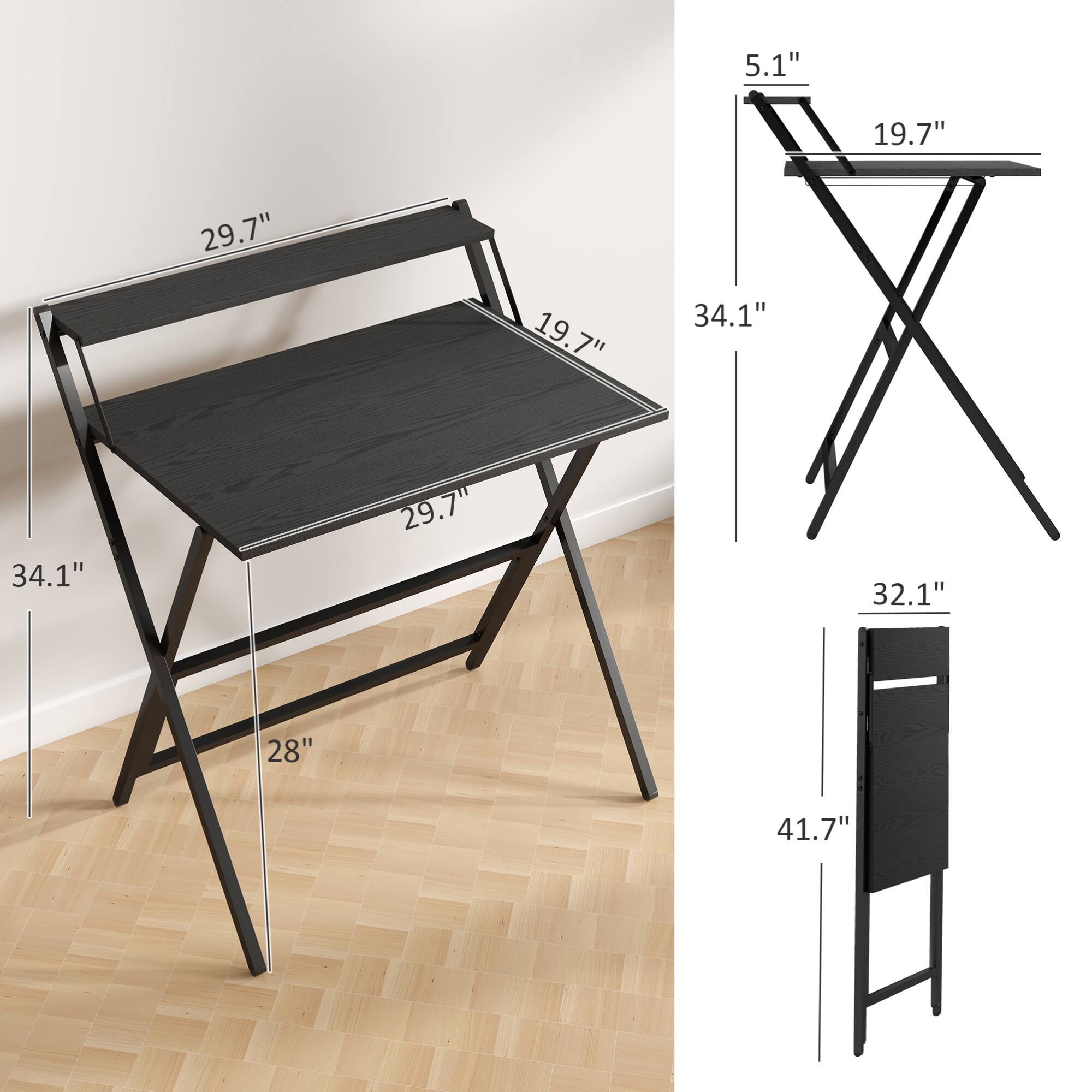 - Tabletop dimensions: 34.1" x 29.7"
- Table height: 28"
- Side shelf dimensions: 19.7" x 5.1"
- Side shelf height: 34.1"
- Side shelf width: 19.7"
- Side shelf depth: 5.1"
- Side shelf height: 32.1"
- Side shelf height: 41.7"