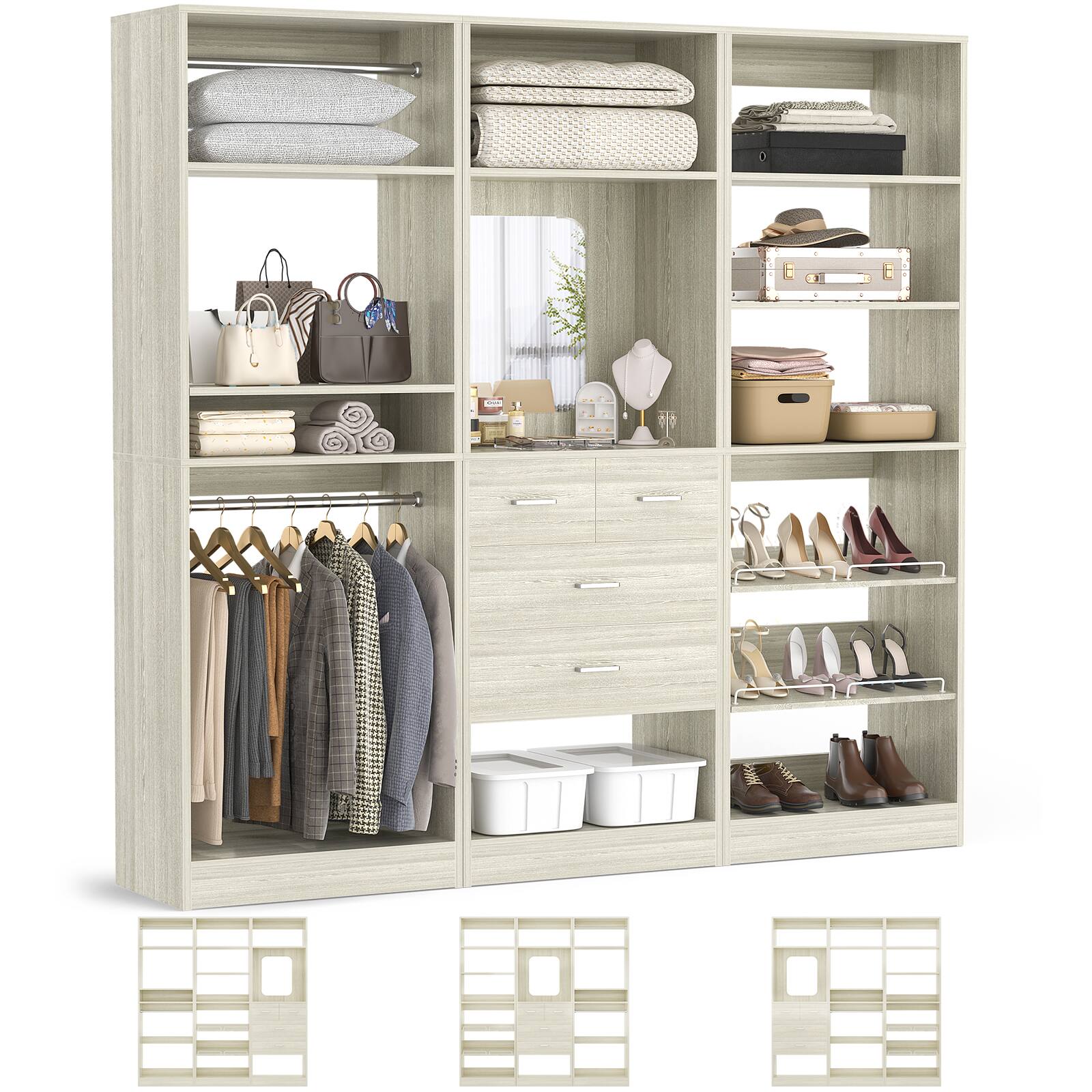 Angle. Aheaplus - 75'' Wide Walk-in Closet Organizer System, All-in-One Storage System with Drawers, Hanging Rods and Shelves - Beige Oak.