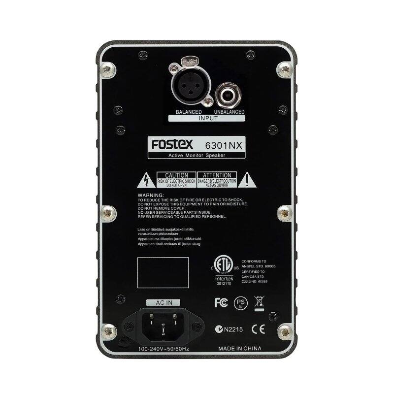 PUSH BALANCED UNBALANCED INPUT  
Fostex 6301NX Active Monitor Speaker  

CAUTION ATTENTION  
RISK OF ELECTRIC SHOCK DANGER ELECTROCUTION  
DO NOT OPEN  

WARNING: TO REDUCE THE RISK OF FIRE OR ELECTRIC SHOCK, DO NOT EXPOSE THIS EQUIPMENT TO RAIN OR MOISTURE. DO NOT REMOVE COVER. NO USER SERVICEABLE PARTS INSIDE. REFER SERVICING TO QUALIFIED PERSONNEL  

Lake en idelva Sucsakotttmia varusteluun pistorasiaan  
Apparater ma Sioples jondet sikhortakl  
Apparaten shat estuleno M jordal unag  

CONFORMS TO  
ANSUL STD B0065  
CERTIFIED TO  
CANSA SID Intertek C22 NO 3012110  

AC IN  
FC PS  
N2215  
100-240V-50/60Hz  
MADE IN CHINA