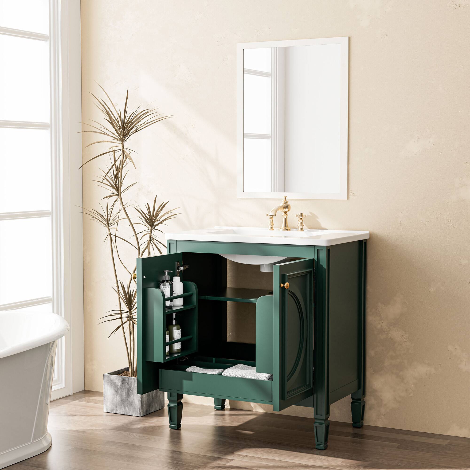 Angle. KERDOM - 30" Vintage Bathroom Vanity with Ceramic Sink, Freestand Storage Cabinet, 3-Hole Faucet Prep, Washroon Storage Cabinet - Green.