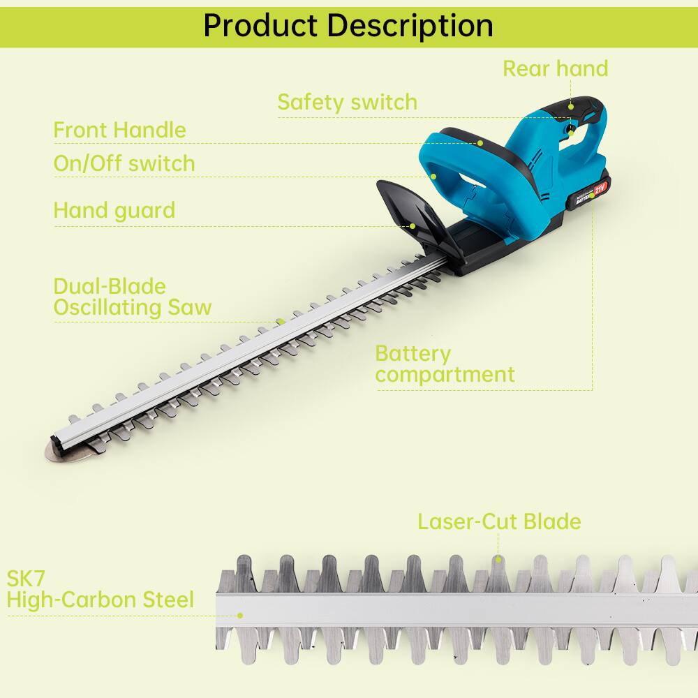 Product Description

- Front Handle
- On/Off switch
- Hand guard
- Dual-Blade Oscillating Saw
- Battery compartment
- Laser-Cut Blade
- SK7 High-Carbon Steel
- Safety switch
- Rear hand