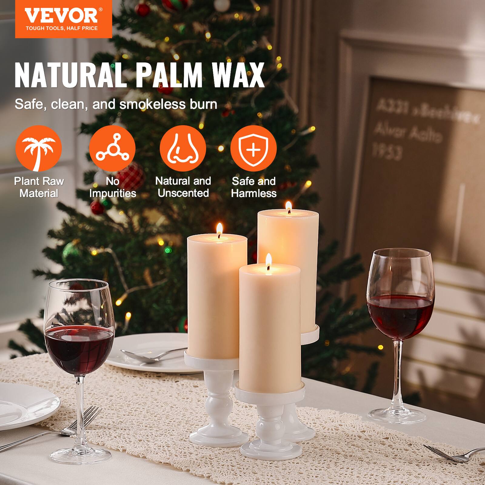 VEVOR  
TOUGH TOOLS, HALF PRICE  

NATURAL PALM WAX  
Safe, clean, and smokeless burn  

- Plant Raw Material  
- No Impurities  
- Natural and Unscented  
- Safe and Harmless  

A331 Alvar Asito  
1953