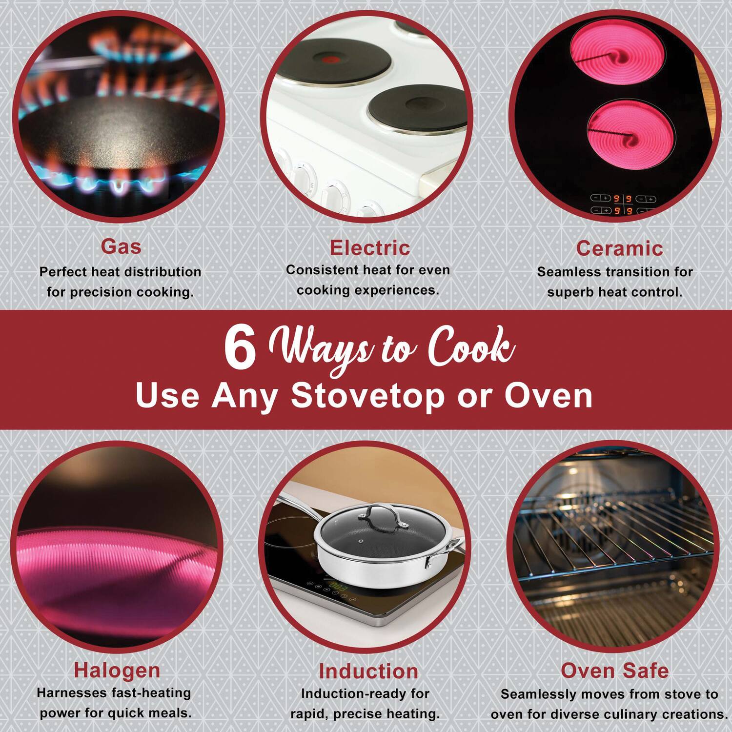 6 Ways to Cook  
Use Any Stovetop or Oven

- Gas: Perfect heat distribution for precision cooking.
- Electric: Consistent heat for even cooking experiences.
- Ceramic: Seamless transition for superb heat control.
- Halogen: Harnesses fast-heating power for quick meals.
- Induction: Induction-ready for rapid, precise heating.
- Oven Safe: Seamlessly moves from stove to oven for diverse culinary creations.