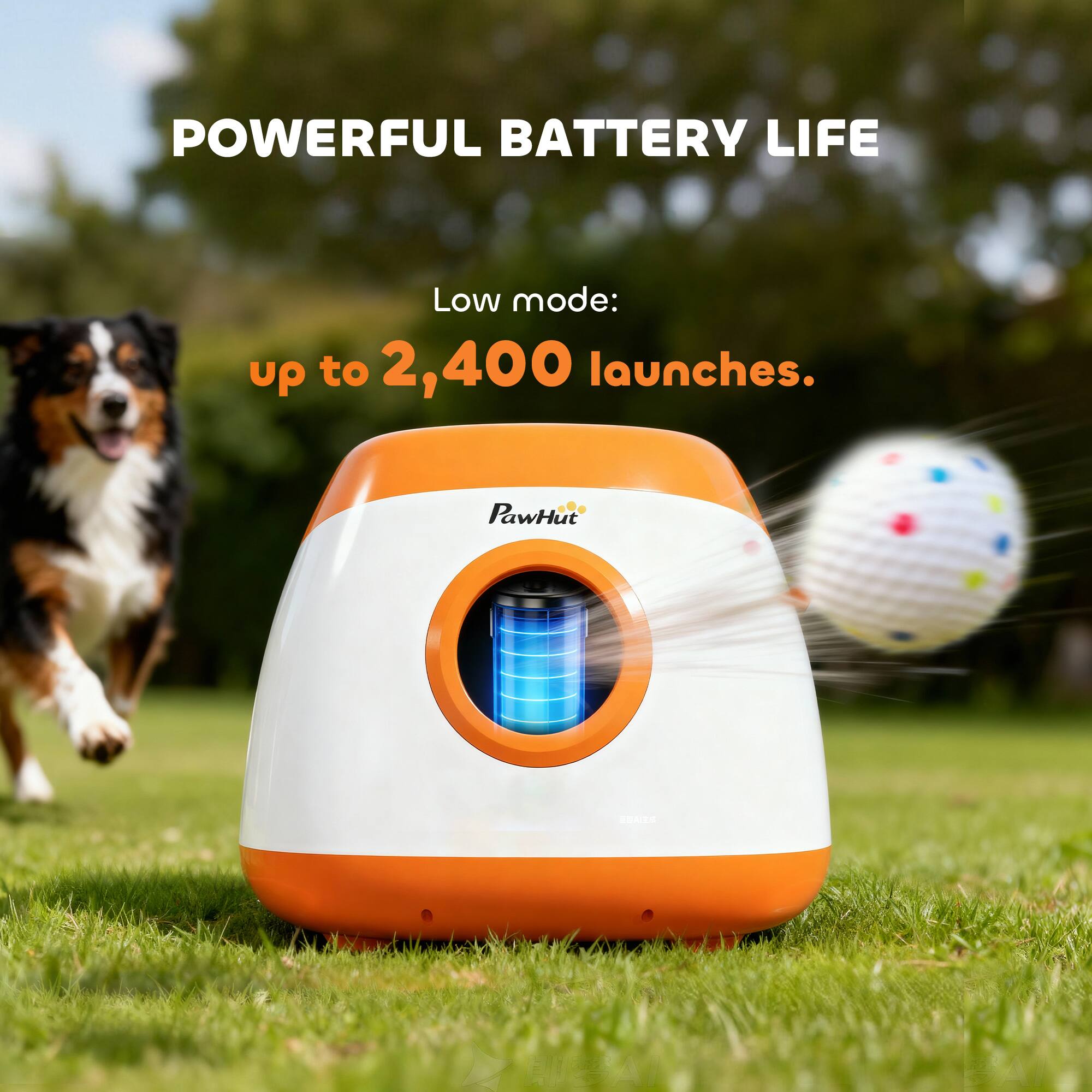 POWERFUL BATTERY LIFE  
Low mode: up to 2,400 launches.  
PawHut