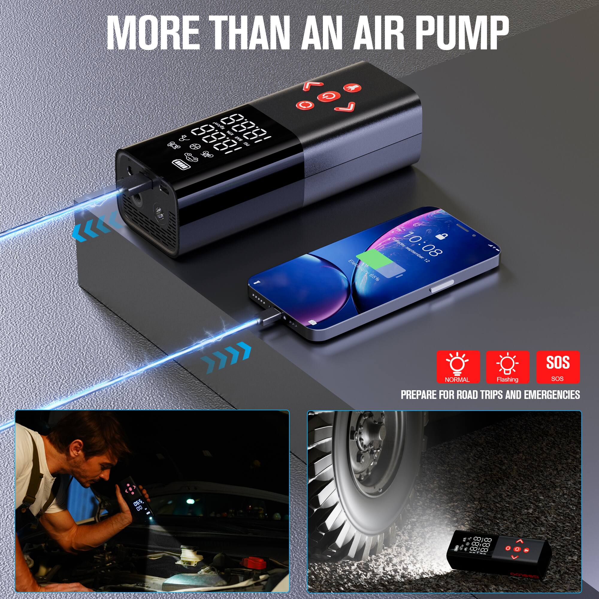 MORE THAN AN AIR PUMP

PREPARE FOR ROAD TRIPS AND EMERGENCIES

NORMAL Flashing SOS