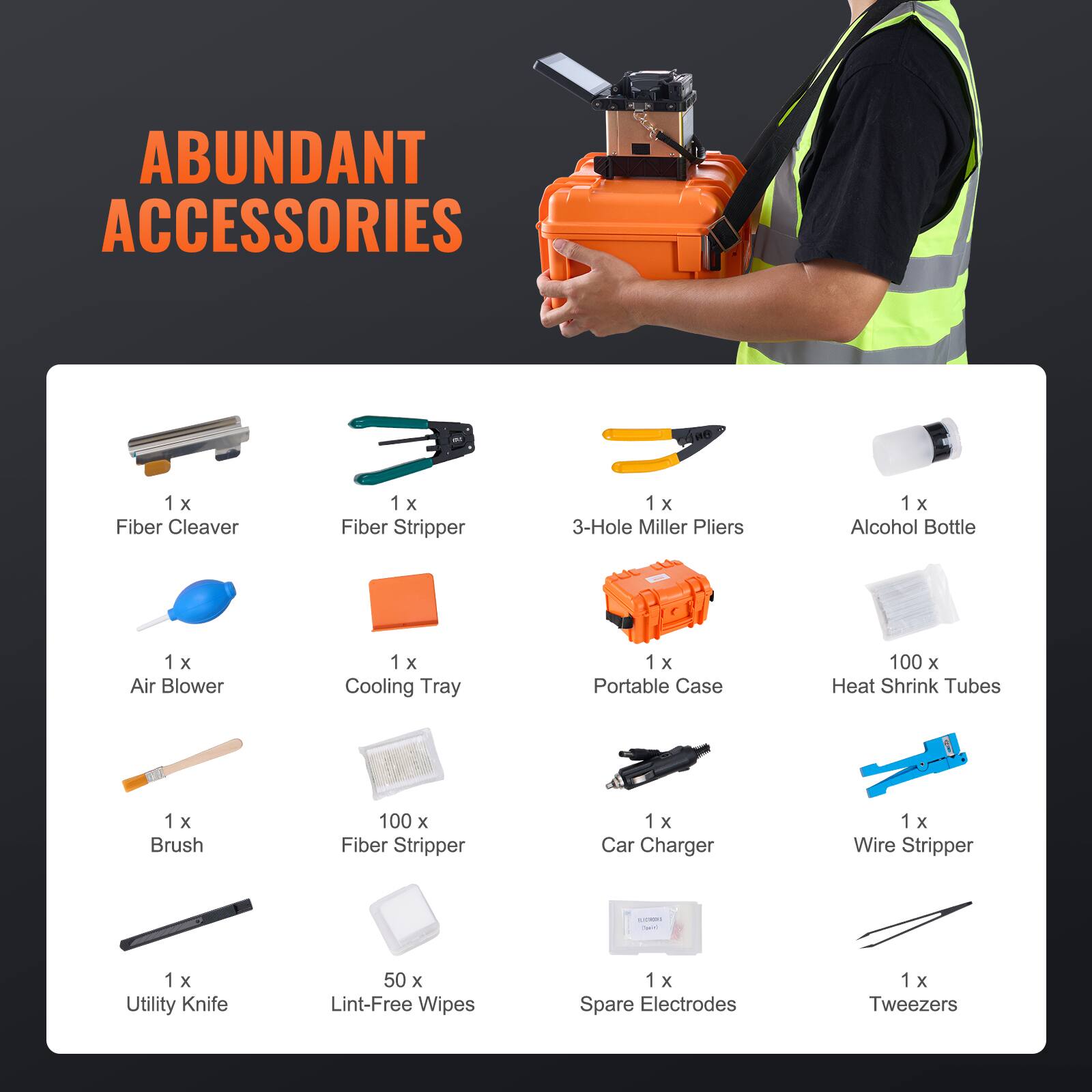ABUNDANT ACCESSORIES

1 x Fiber Cleaver  
1 x Fiber Stripper  
1 x 3-Hole Miller Pliers  
1 x Alcohol Bottle  
1 x Air Blower  
1 x Cooling Tray  
1 x Portable Case  
100 x Heat Shrink Tubes  
1 x Brush  
100 x Fiber Stripper  
1 x Car Charger  
1 x Wire Stripper  
1 x Utility Knife  
50 x Lint-Free Wipes  
1 x Spare Electrodes  
1 x Tweezers