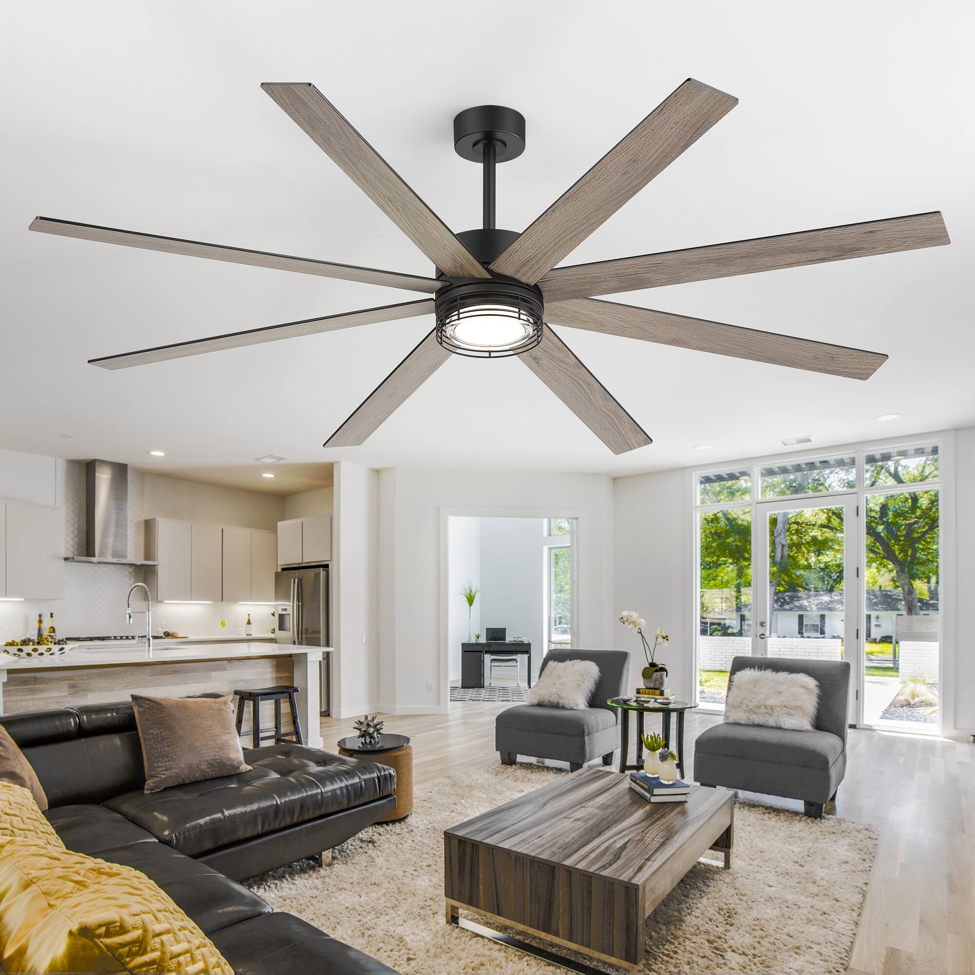Left. Breezary - 72-Inch Modern Ceiling Fan with Dimmable 3-Color LED Light 8 Blades DC Motor Remote Timer Downrod Mount - 72-inch Black and Wood Grain.