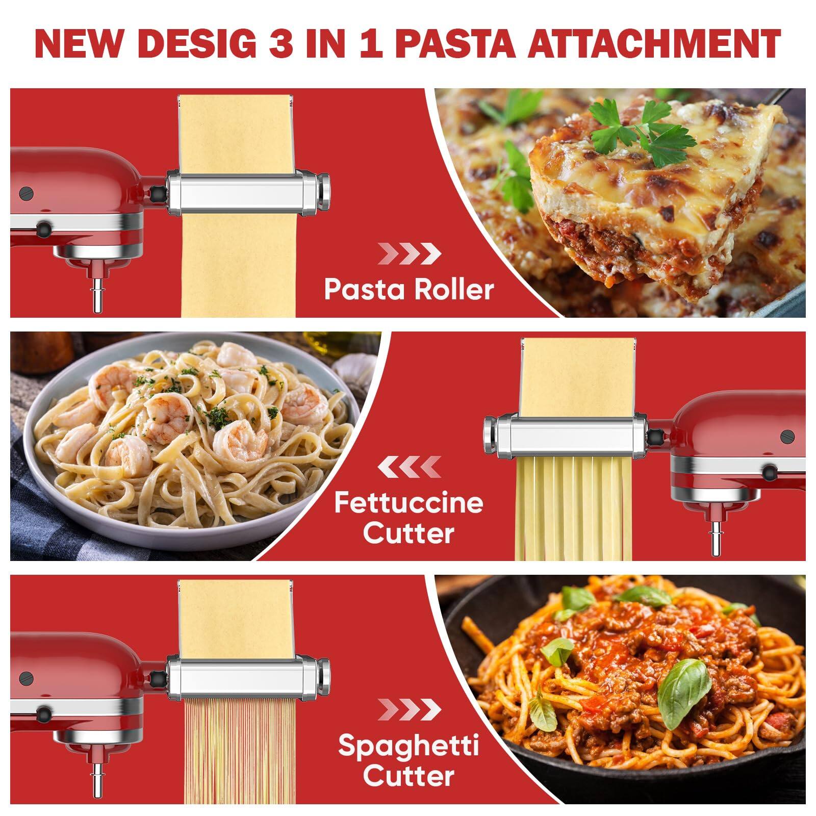NEW DESIGN 3 IN 1 PASTA ATTACHMENT

- Pasta Roller
- Fettuccine Cutter
- Spaghetti Cutter