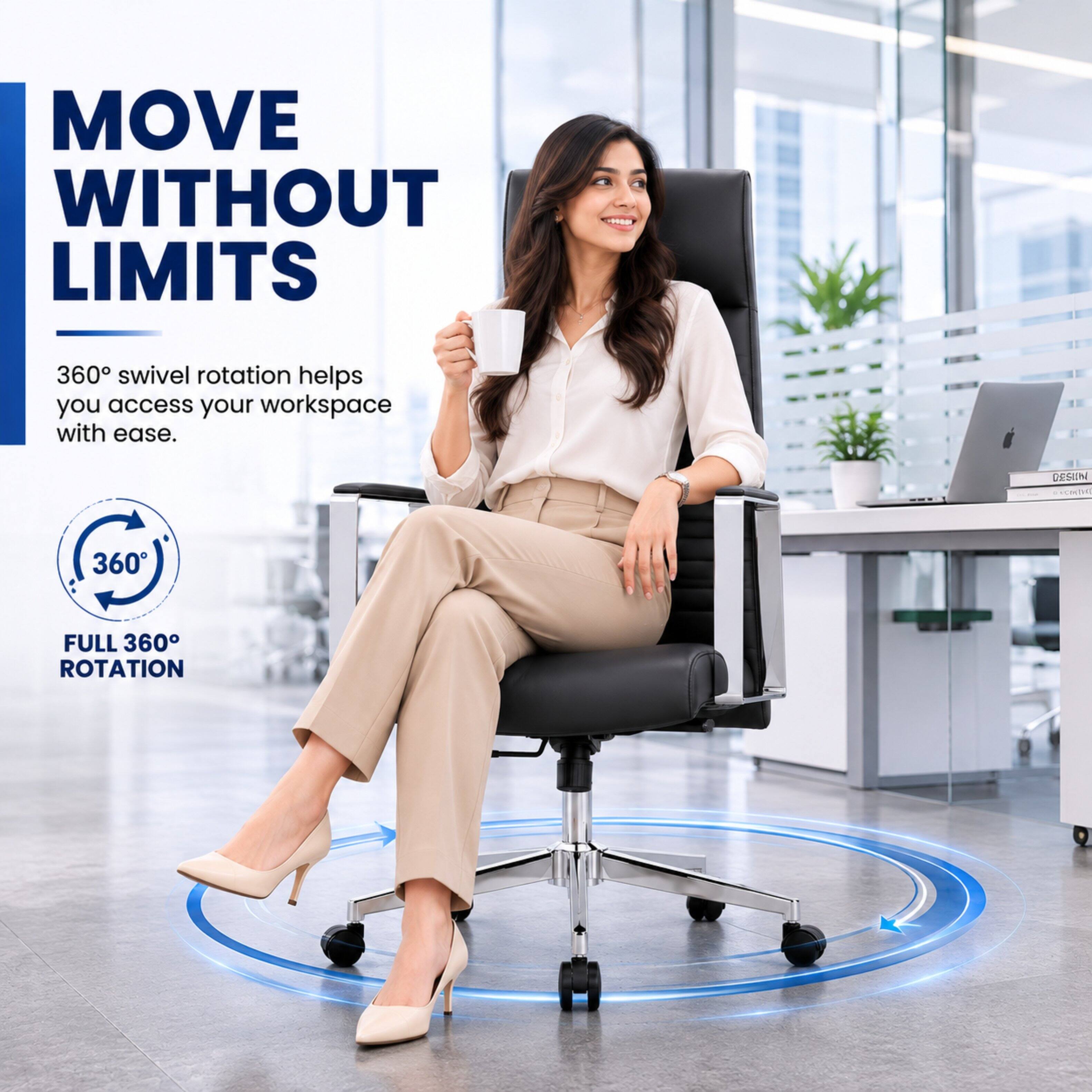 MOVE WITHOUT LIMITS

360° swivel rotation helps you access your workspace with ease.

360°

FULL 360° ROTATION