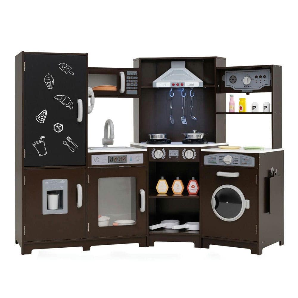 Resenkos - Corner Wooden Play Kitchen with Lights & Sounds - Large Pretend Kitchen Set - Espresso