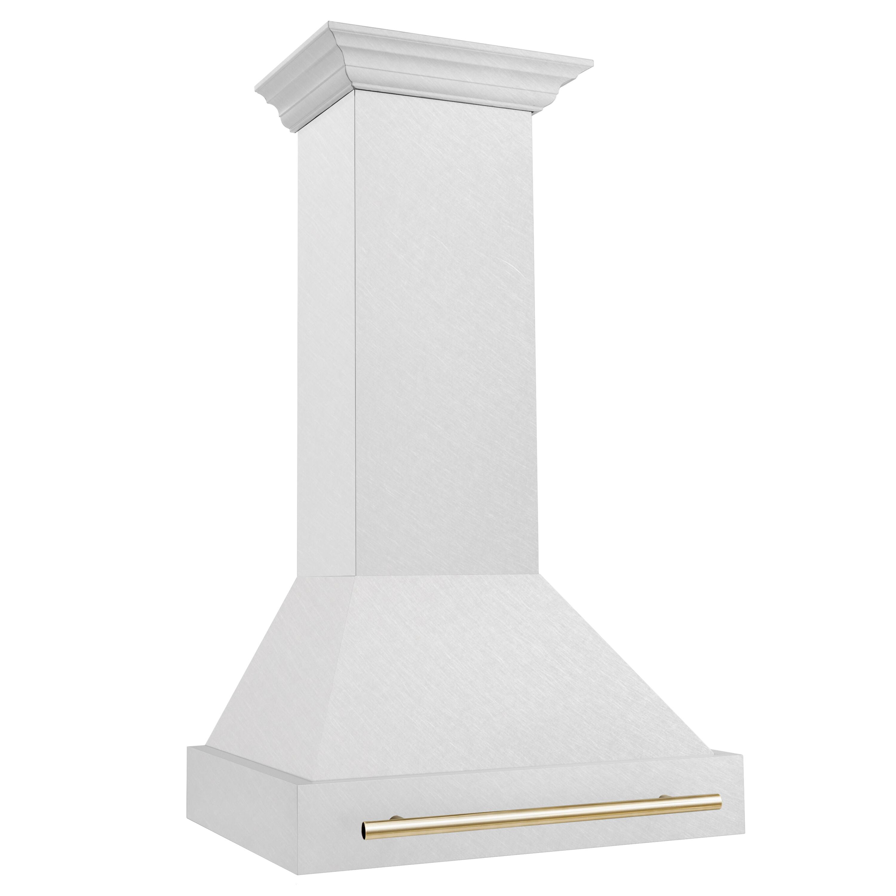 Angle. ZLINE - ZLINE Autograph Edition 30 in. Satin Stainless Steel Wall Mount Range Hood with Polished Gold Handle (8654SNZ-30-G) - Satin Stainless Steel.