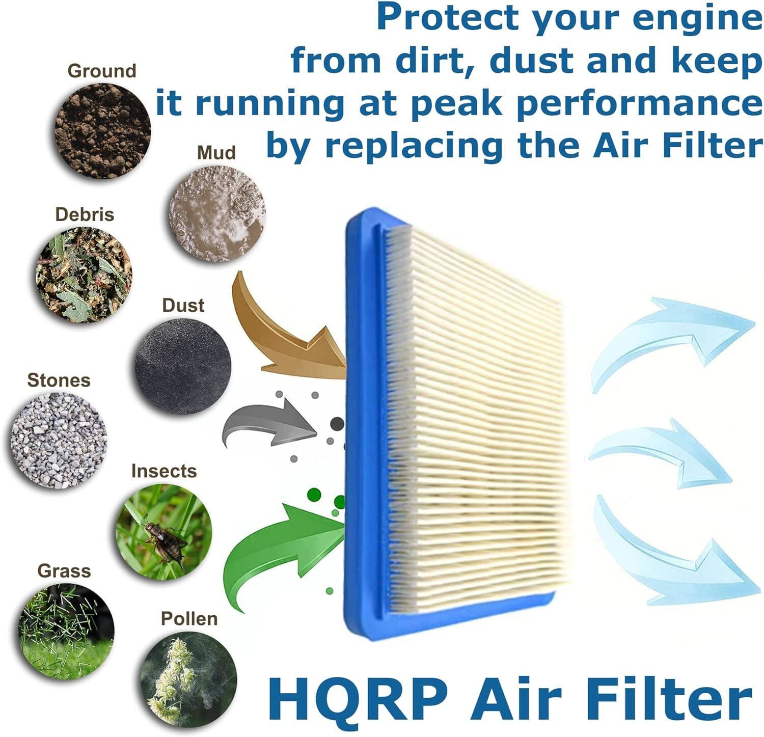 Protect your engine from dirt, dust and keep it running at peak performance by replacing the Air Filter.

HQRP Air Filter

Ground  
Mud  
Debris  
Dust  
Stones  
Insects  
Grass  
Pollen