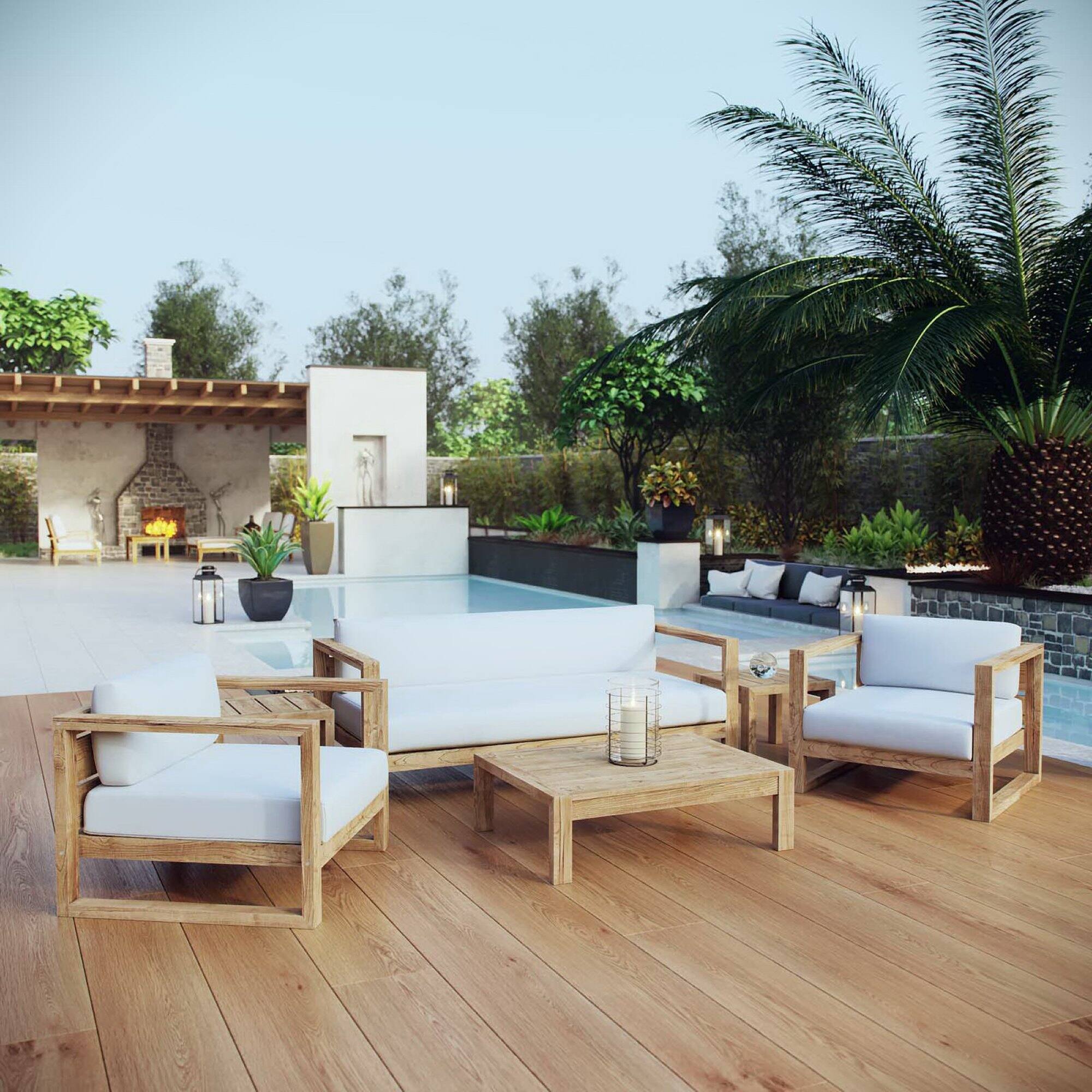 Alt View 5. Modway - Upland 6-Piece Outdoor Patio Teak Set - Natural White.