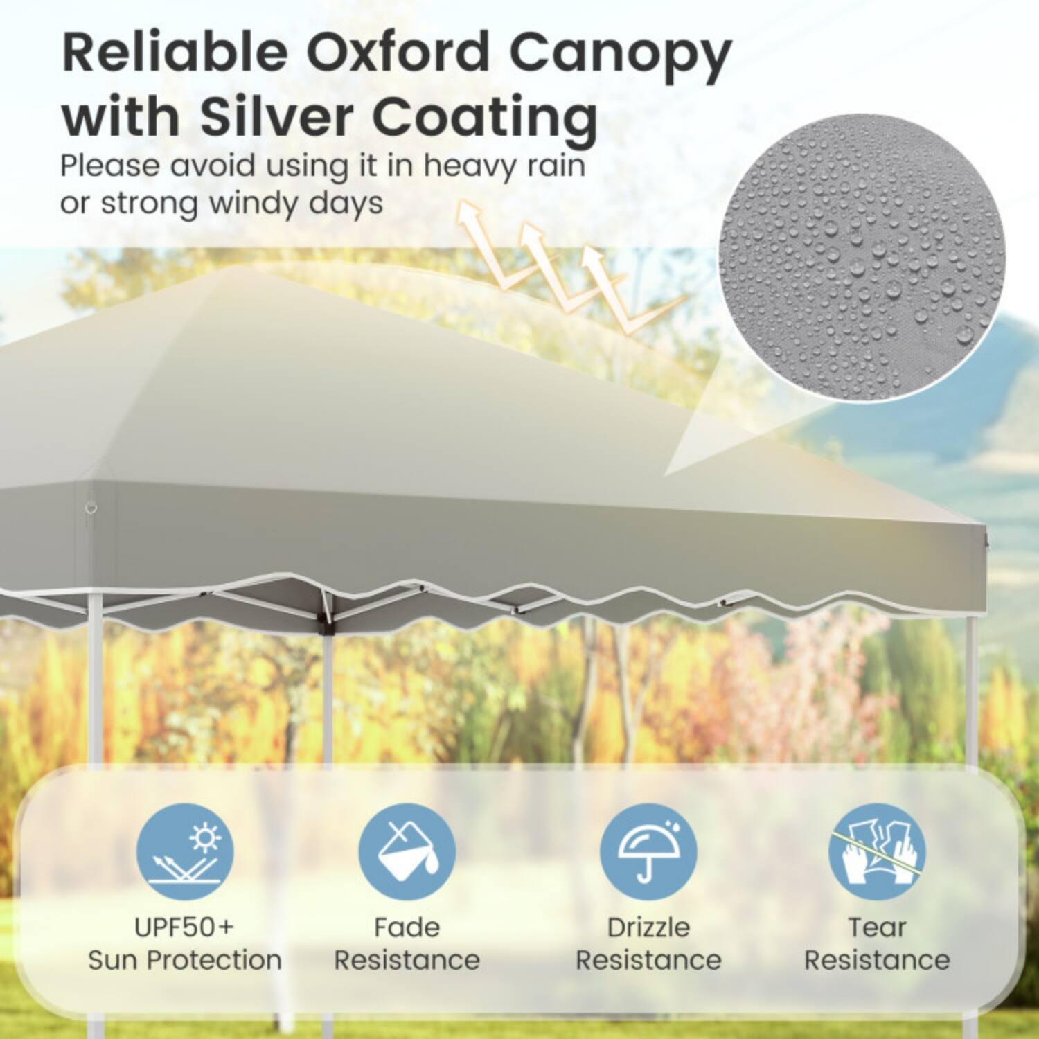 Reliable Oxford Canopy with Silver Coating  
Please avoid using it in heavy rain or strong windy days  

UPF50+ Sun Protection  
Fade Resistance  
Drizzle Resistance  
Tear Resistance